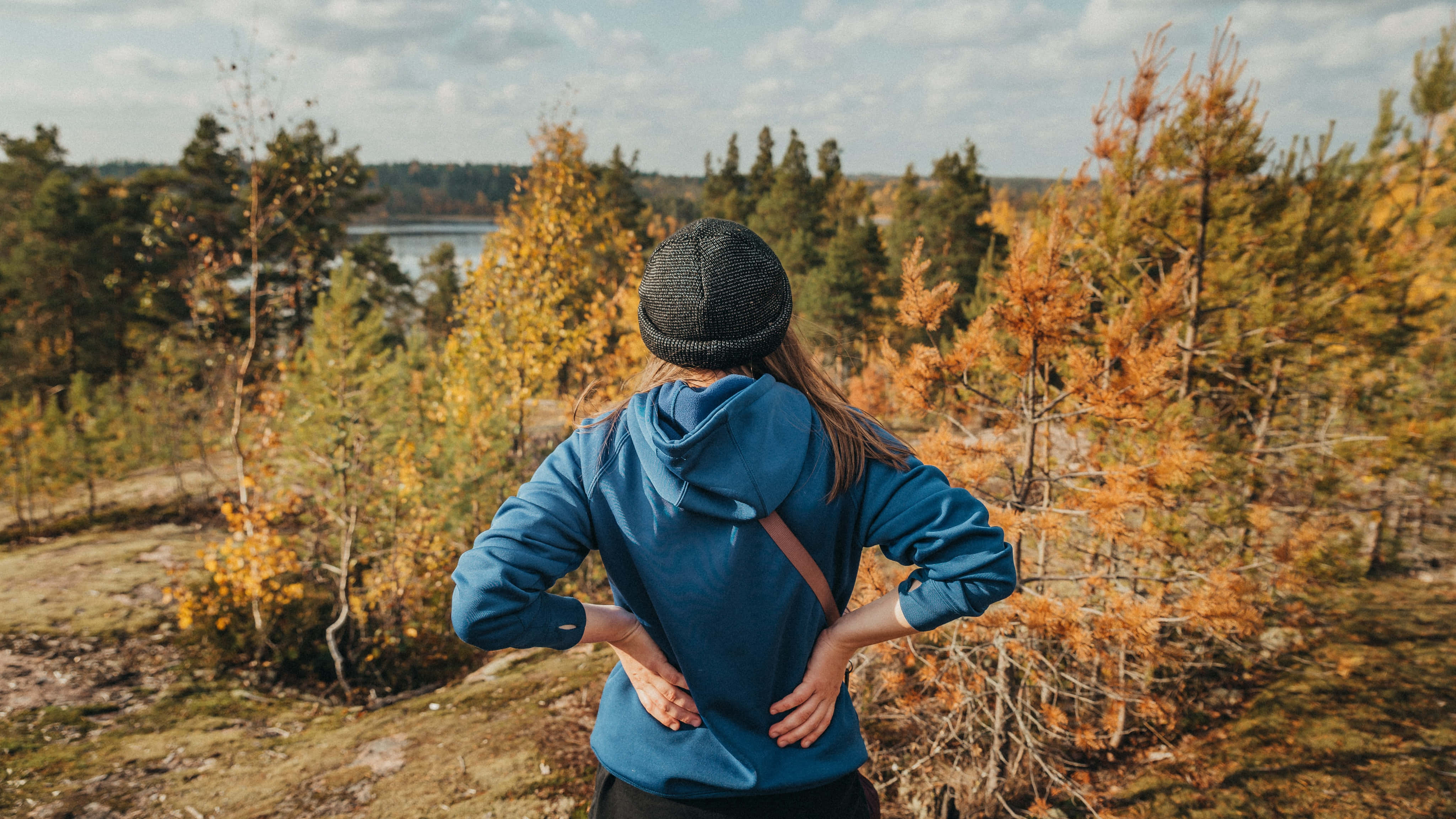 blue hoodie, black beanie, forested lake, 4K Desktop Wallpaper