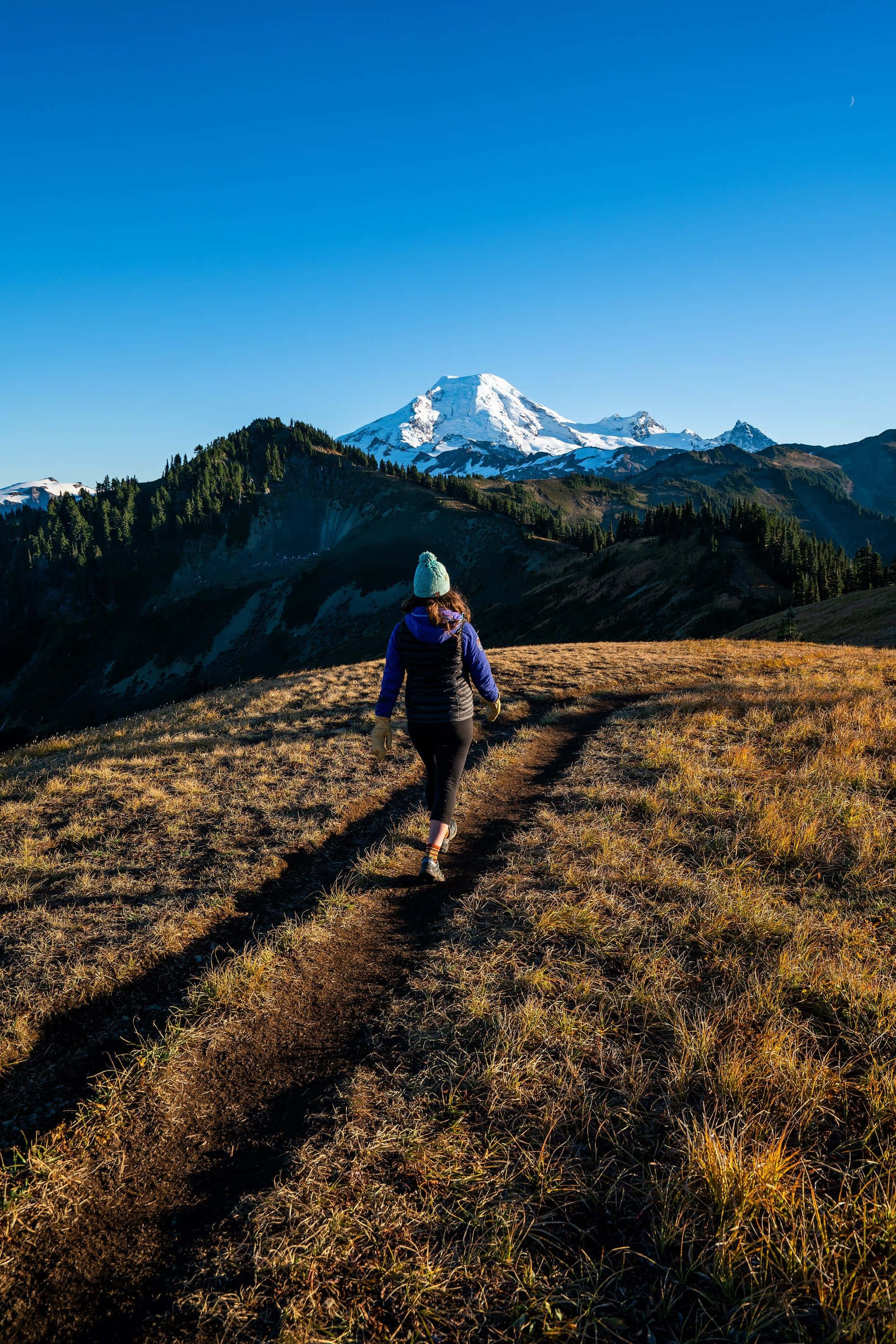 Fall Hikes, green beanie, grassy trail, 2K Phone Wallpaper