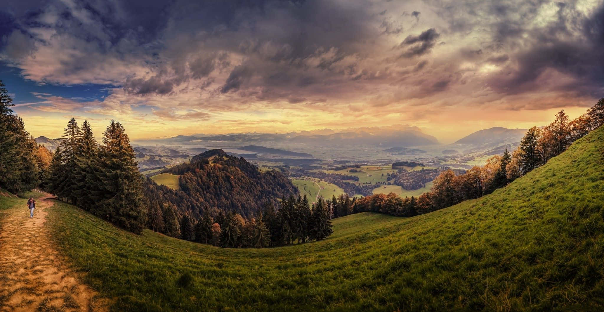 fall hikes, dirt trail, rolling green hills, Full HD Desktop Wallpaper