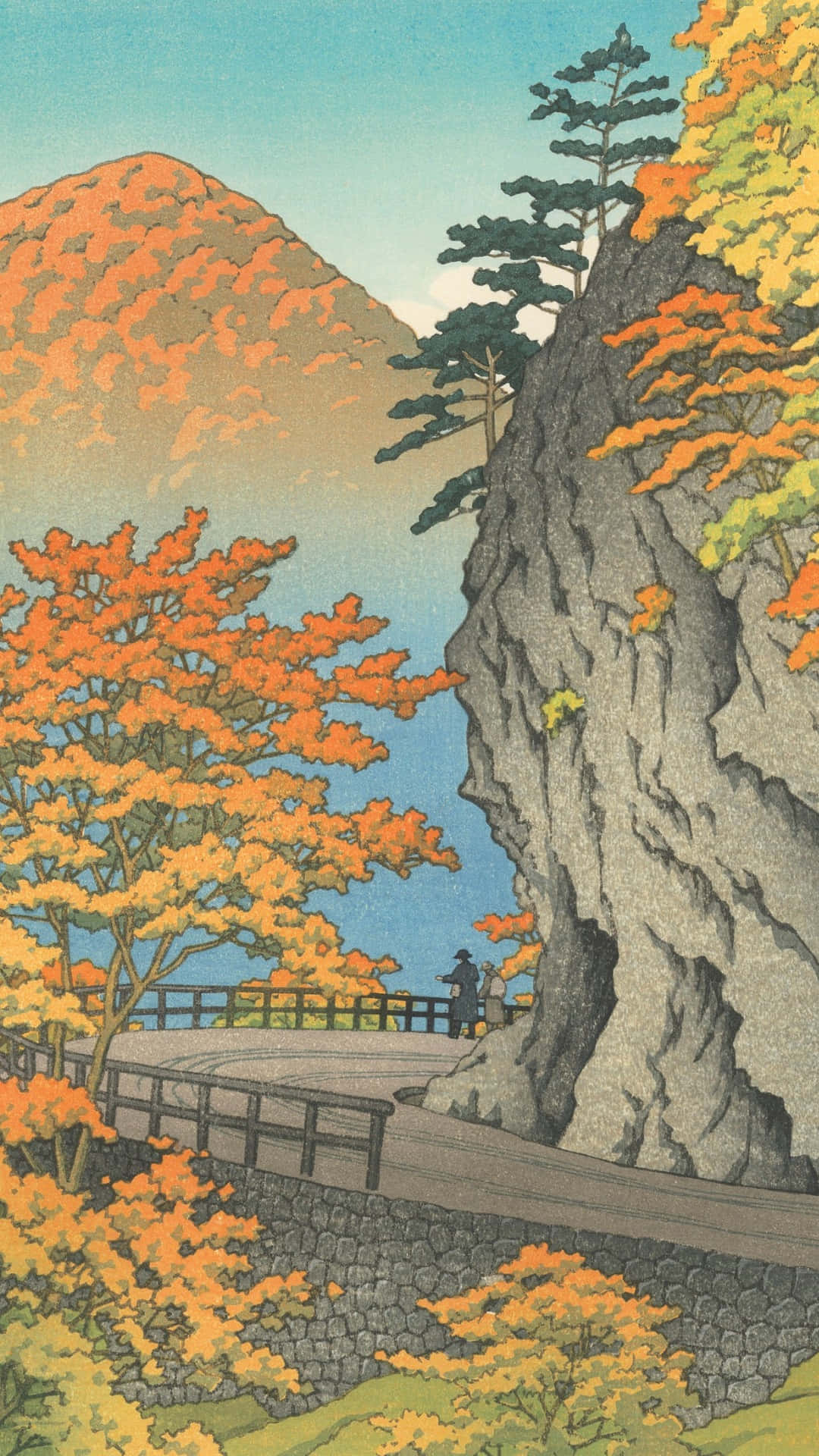autumn pathway, kawase hasui, stone bridge, Full HD Phone Wallpaper