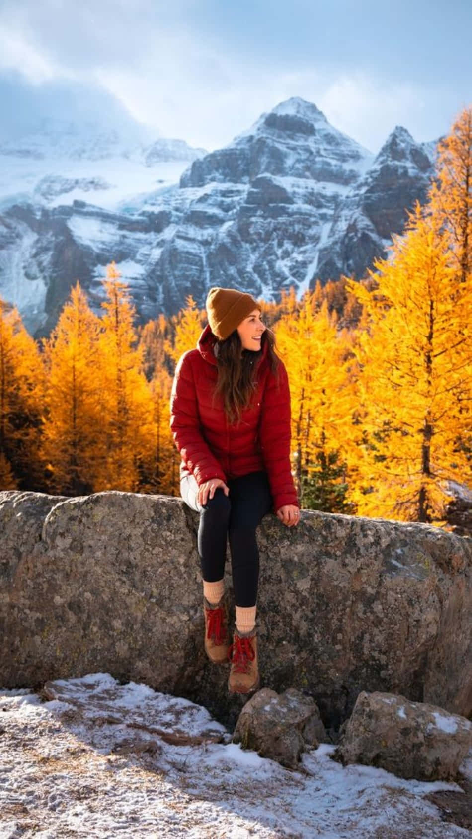 Fall Hikes, red jacket, snowy mountains, HD Phone Wallpaper
