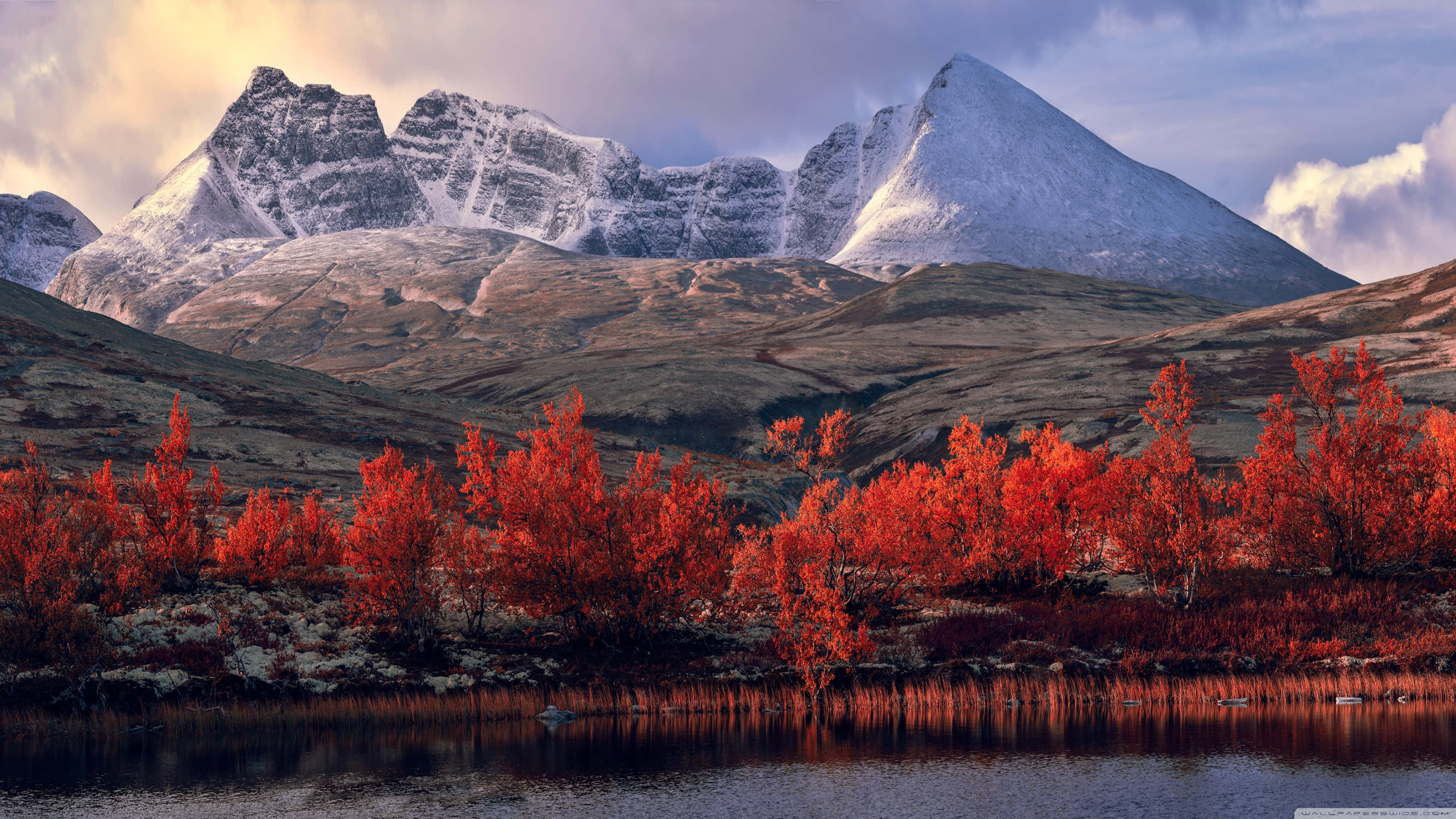 Fall Mountains, vibrant red autumn forest, calm lake, 2K Desktop Wallpaper