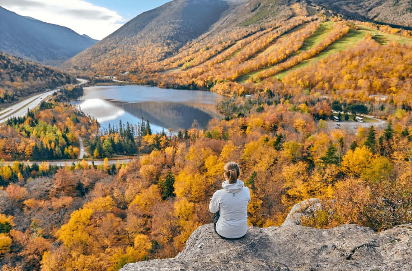 Fall Hikes, rocky outcrop, serene lake, HD Desktop Wallpaper