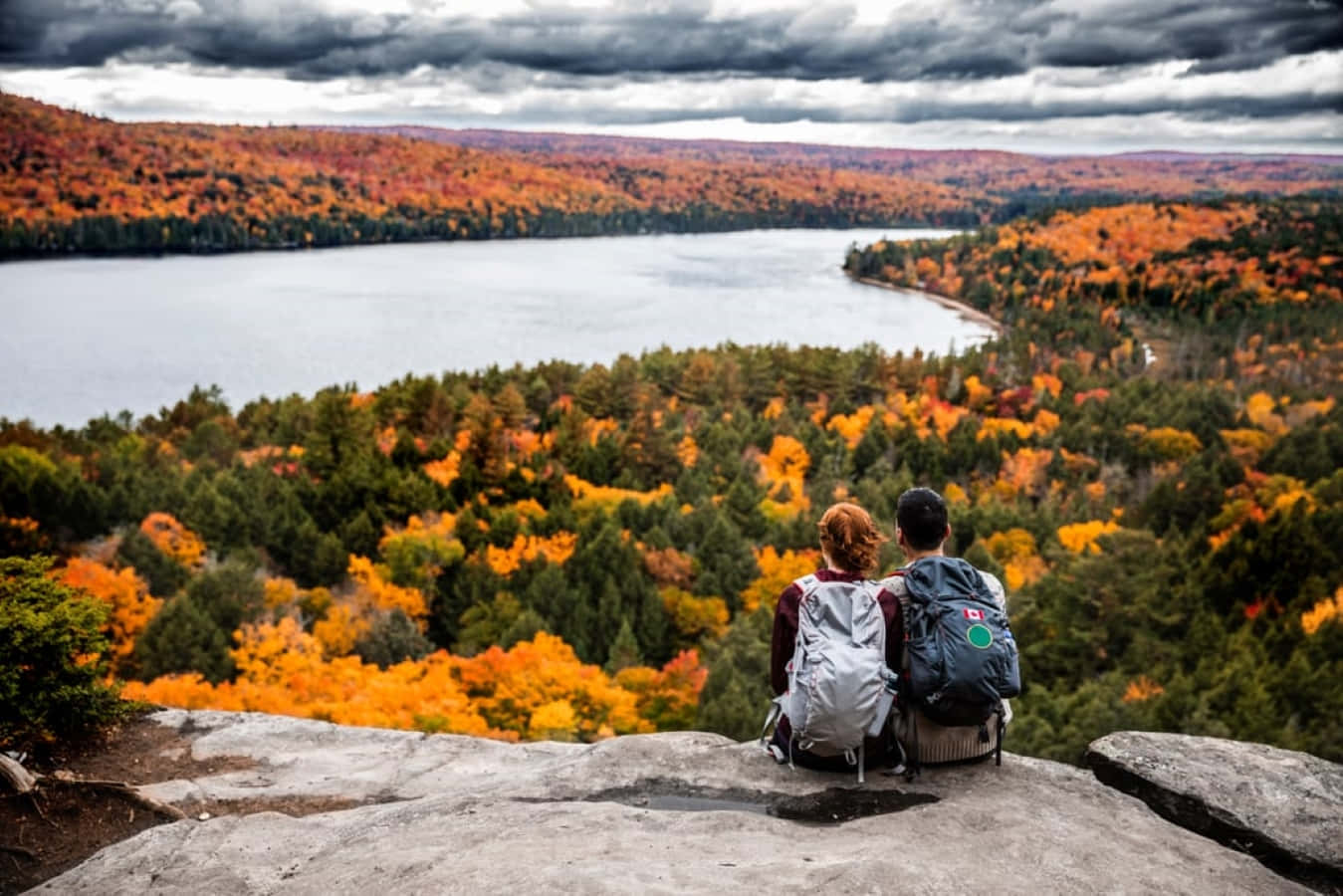 Fall Hikes, rocky outcrop, serene lake, HD Desktop Wallpaper