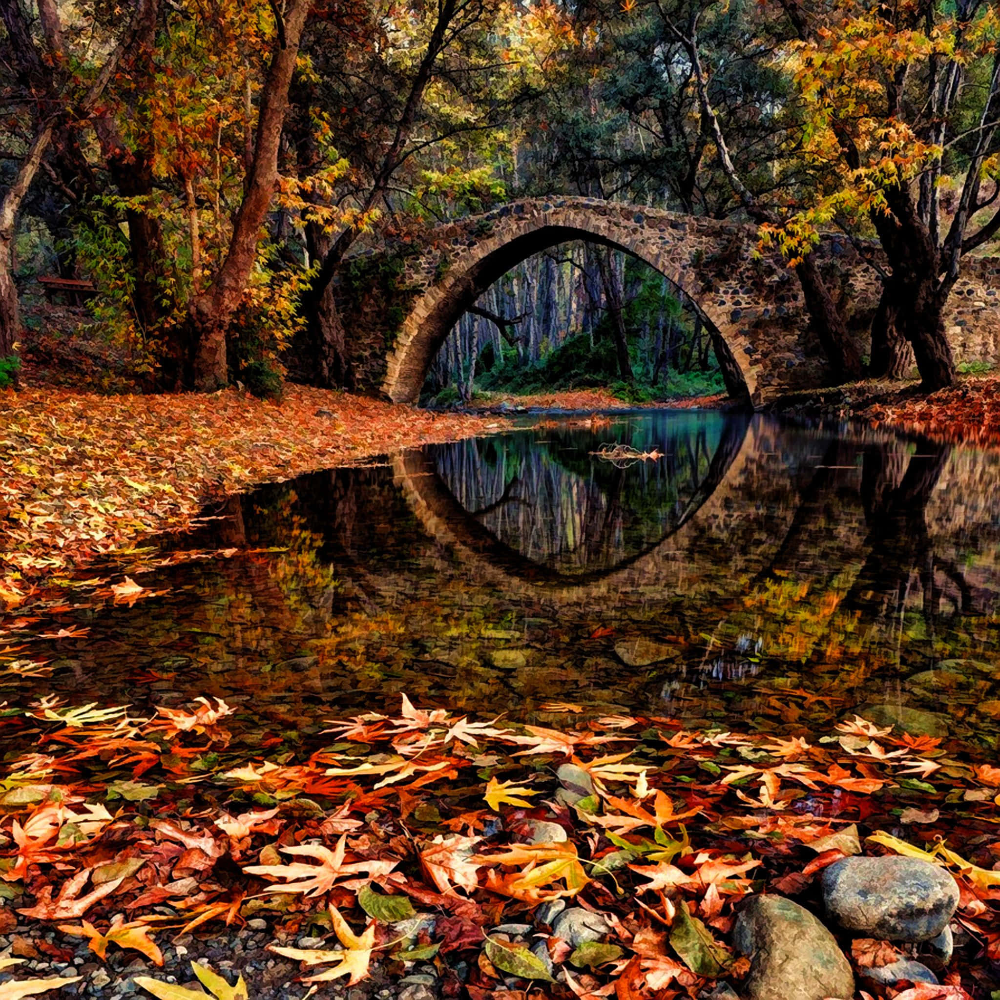 Fall iPad, stone arch bridge, calm stream, Full HD Desktop Wallpaper