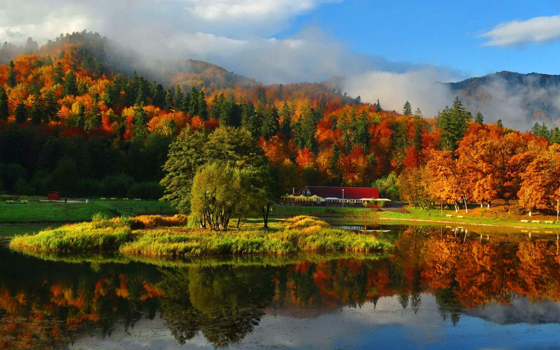 Fall Mountains, autumn lake, fiery orange and green trees, Full HD Desktop Wallpaper
