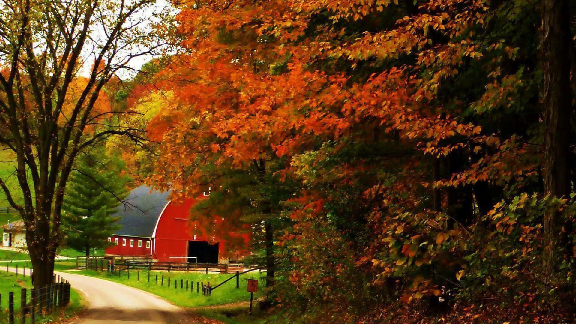 fall landscape, winding road, red barn, Full HD Desktop Wallpaper