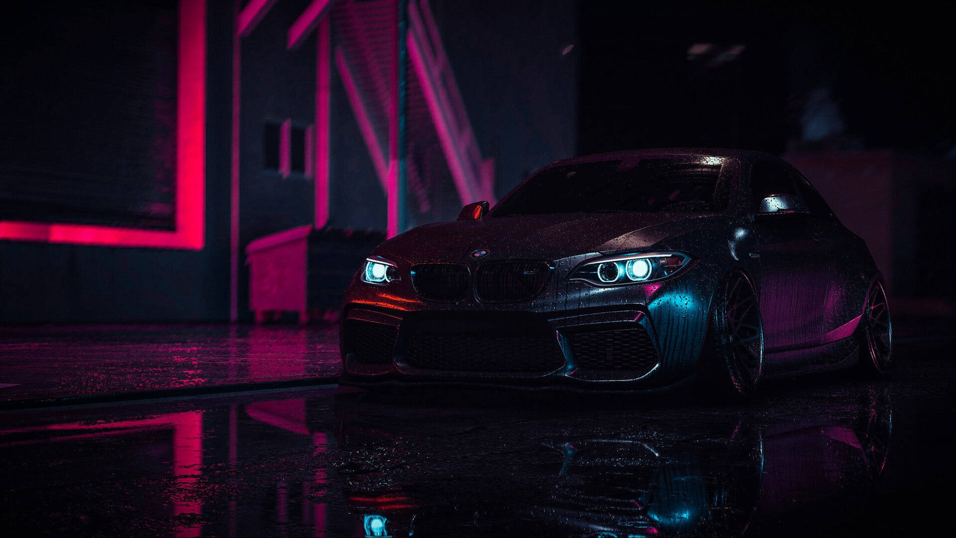 wet black BMW, neon pink and blue lights, urban street, Full HD Desktop Wallpaper