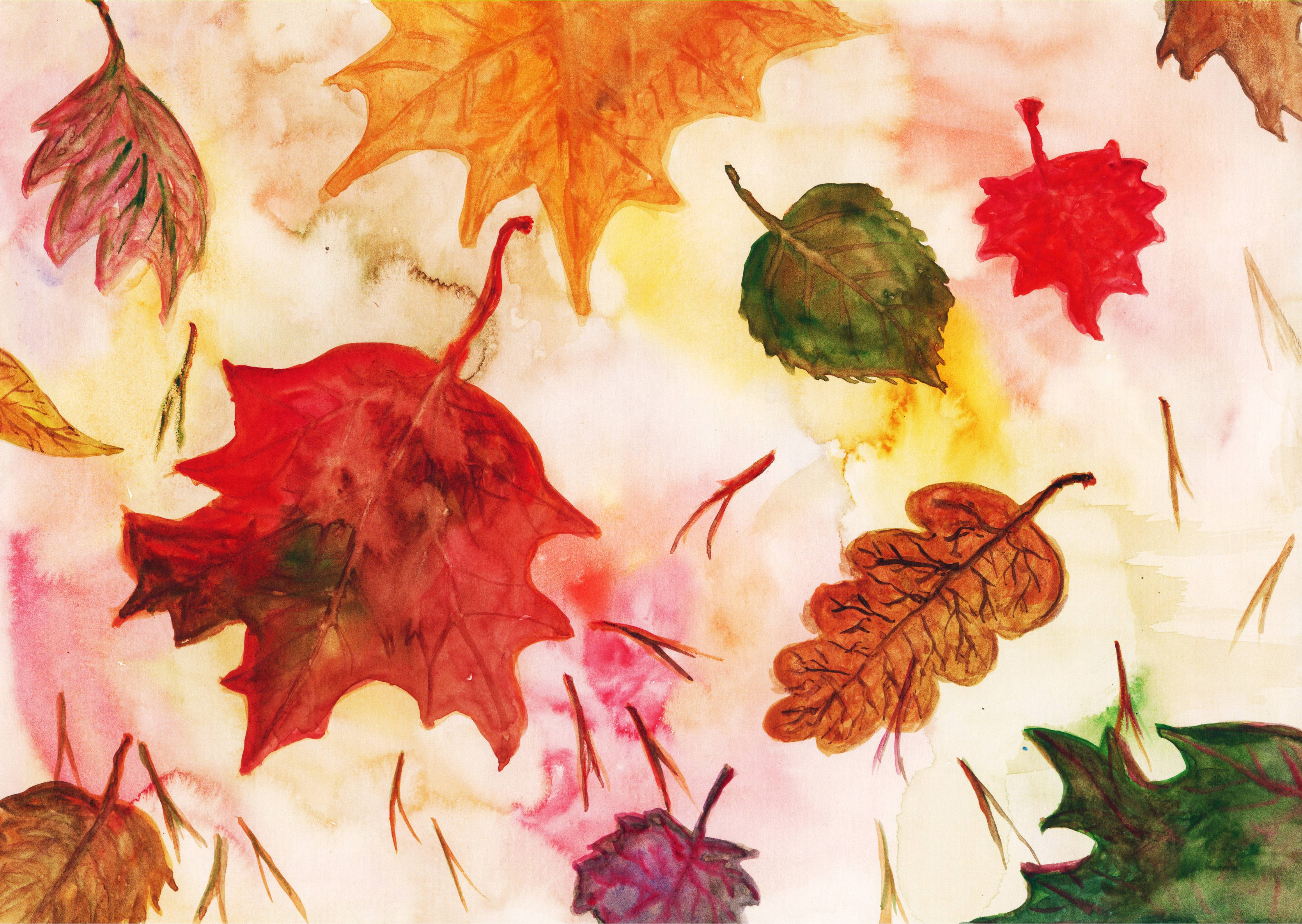 Aesthetic Fall Leaves Illustration, red orange, green, 2K Desktop Wallpaper