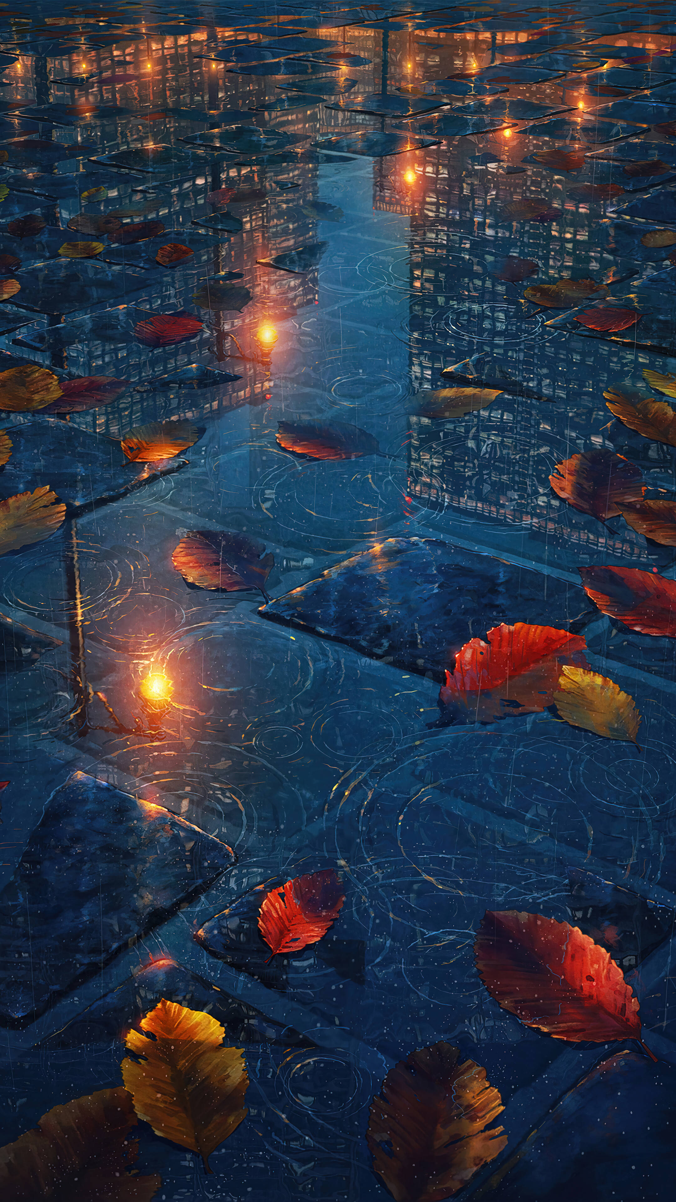 iPhone 11, autumn leaves, dark blue puddle, 4K Phone Wallpaper