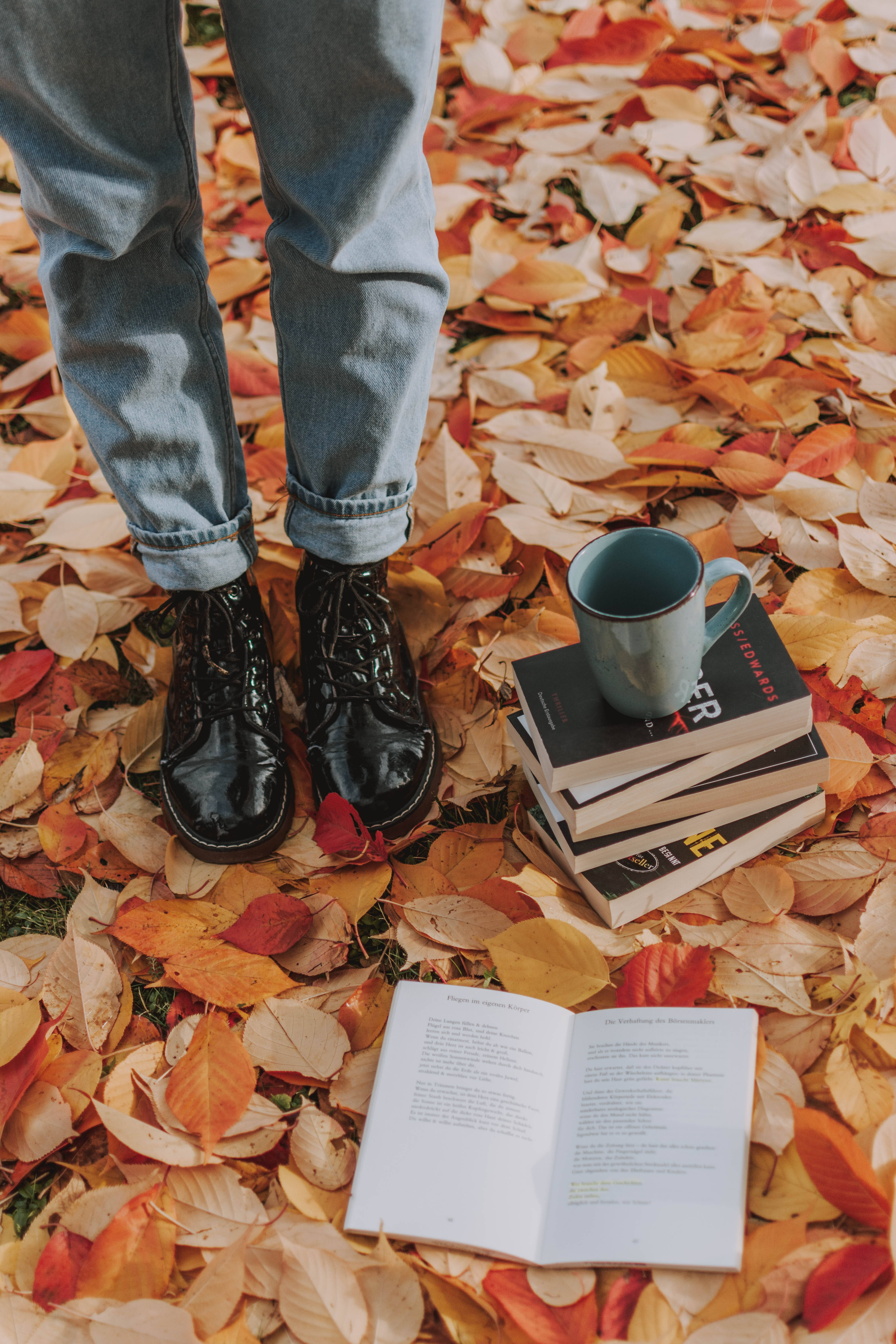 leather boots, autumn leaves, jeans, 5K Phone Wallpaper