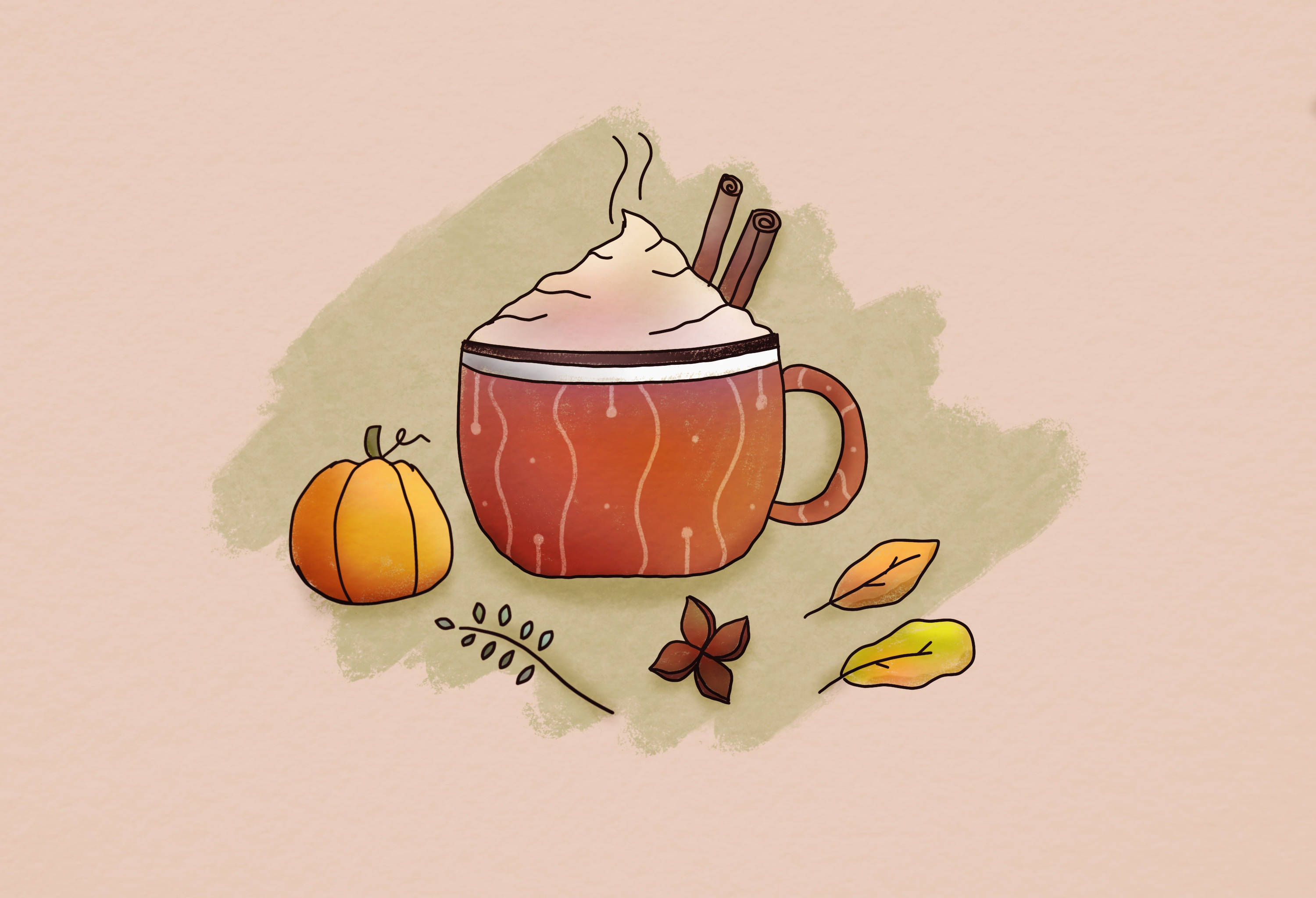 pumpkin spice latte, whipped cream, cinnamon sticks, 2K Desktop Wallpaper