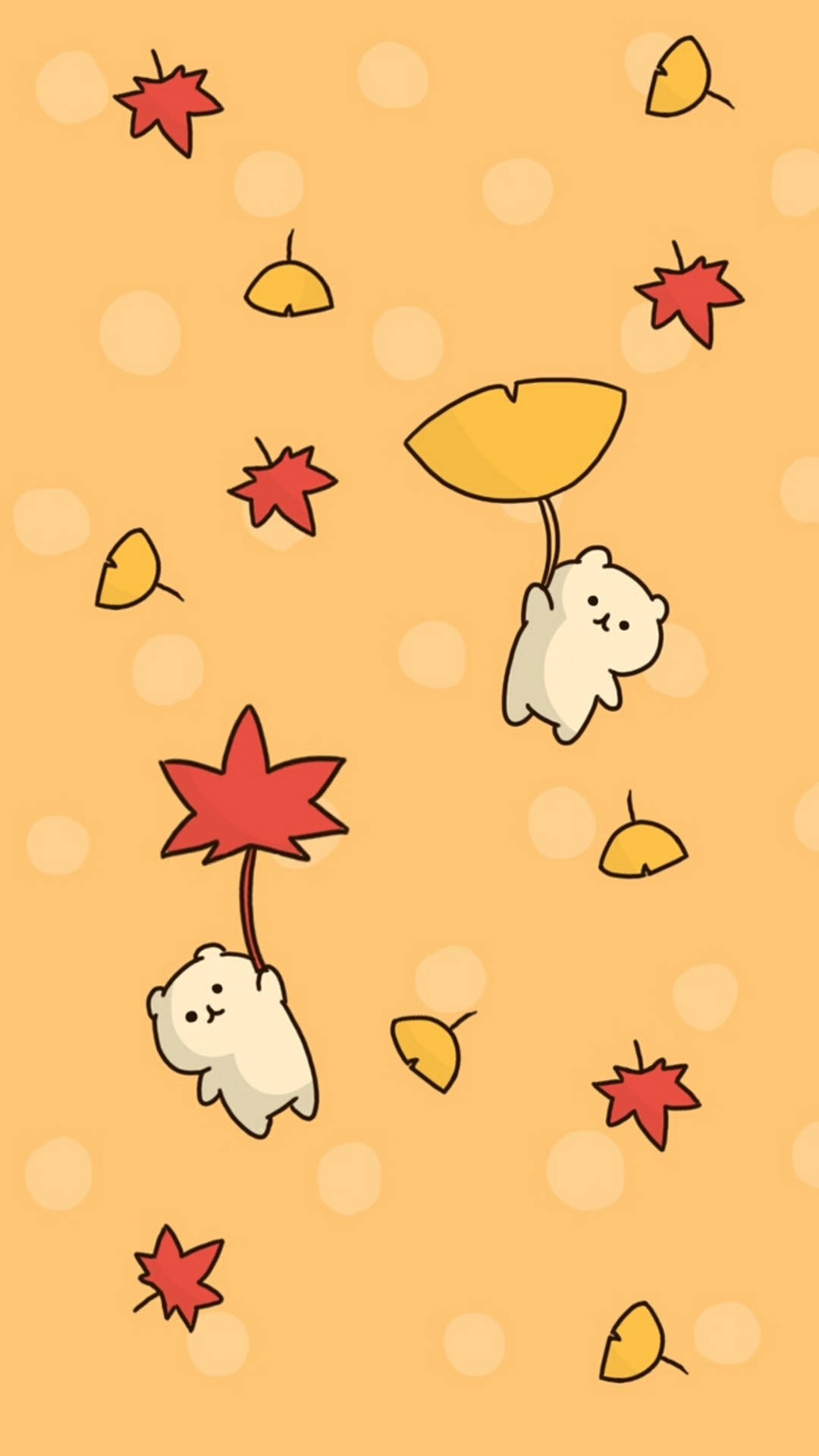 white bears, red and yellow maple leaves, warm orange background, Full HD Phone Wallpaper