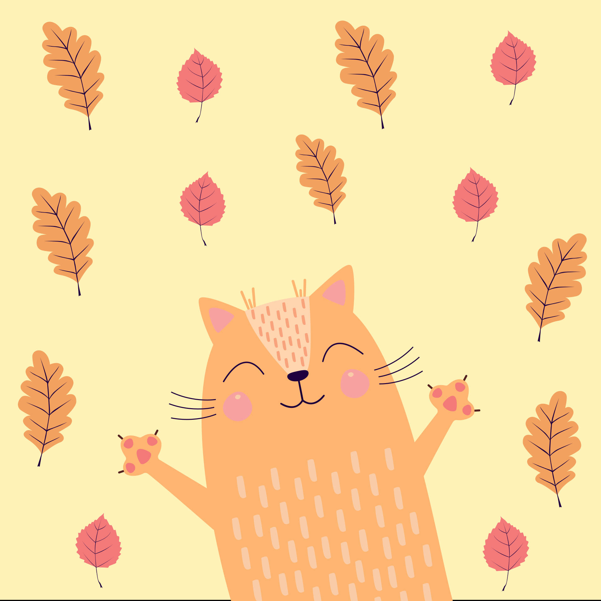 Fall Leaves Happy Cat, cartoon cat, closed eyes, Full HD Desktop Wallpaper