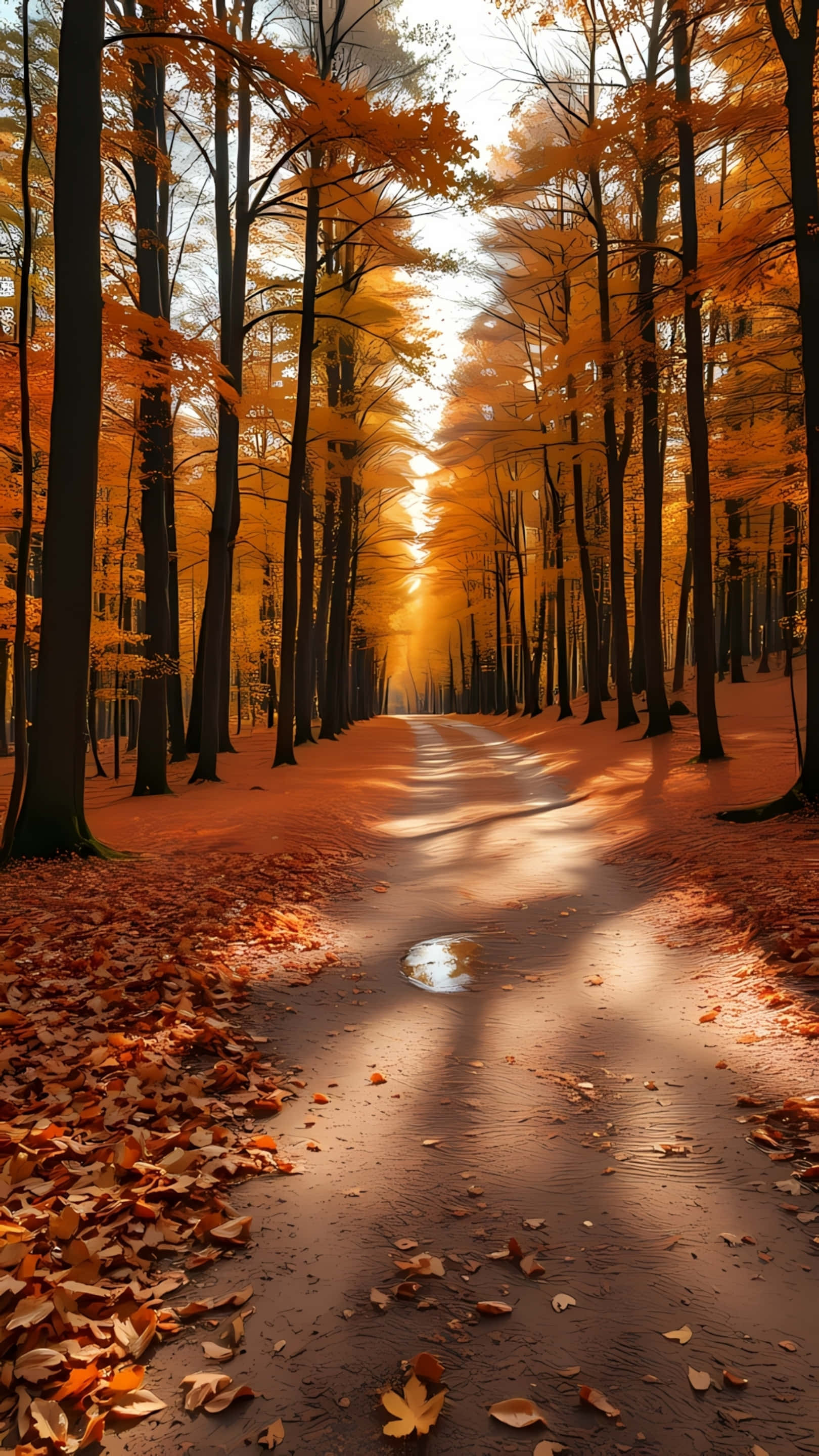 autumn forest path, orange leaves, golden sunlight, 2K Phone Wallpaper