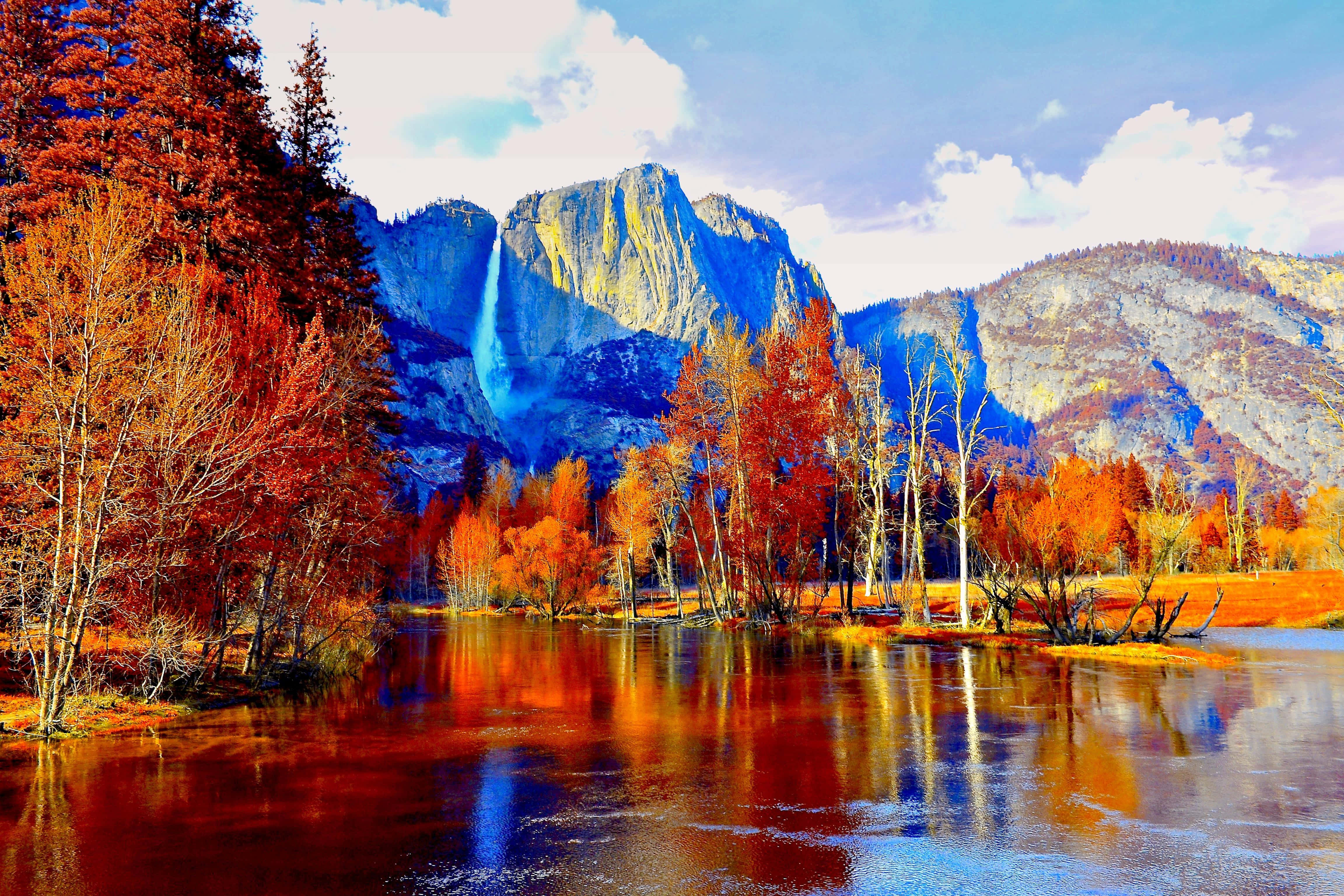 Fall Mountain, blue sky, autumn trees, 4K Desktop Wallpaper