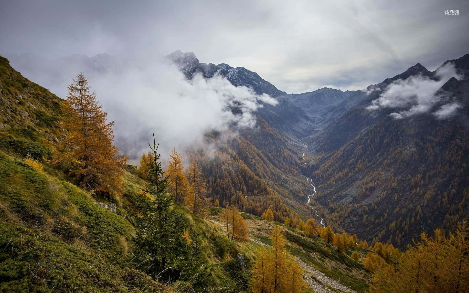 Fall Mountain, golden larch trees, winding river, Full HD Desktop Wallpaper