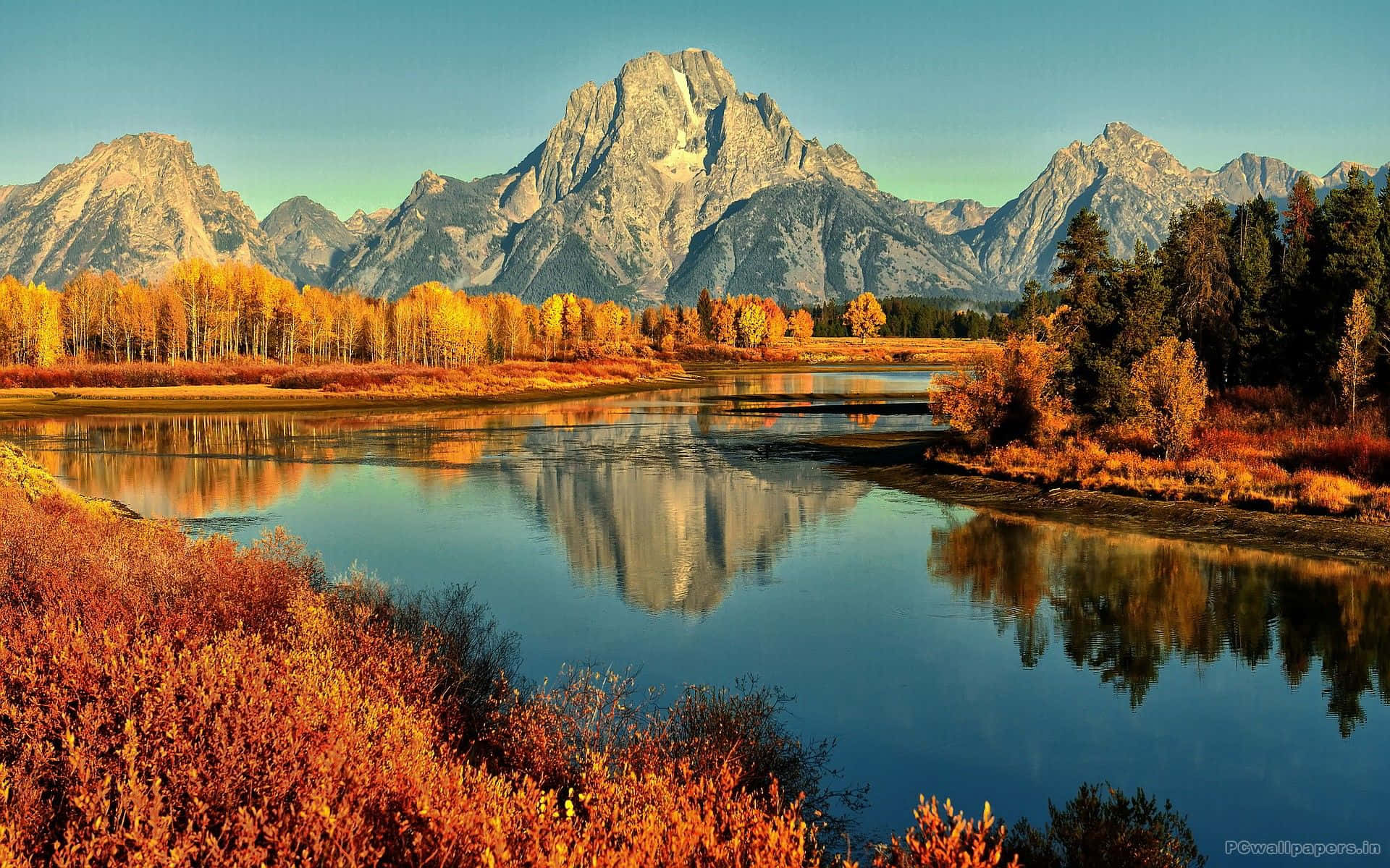 Fall Mountain, autumn river, snow-capped mountains, Full HD Desktop Wallpaper