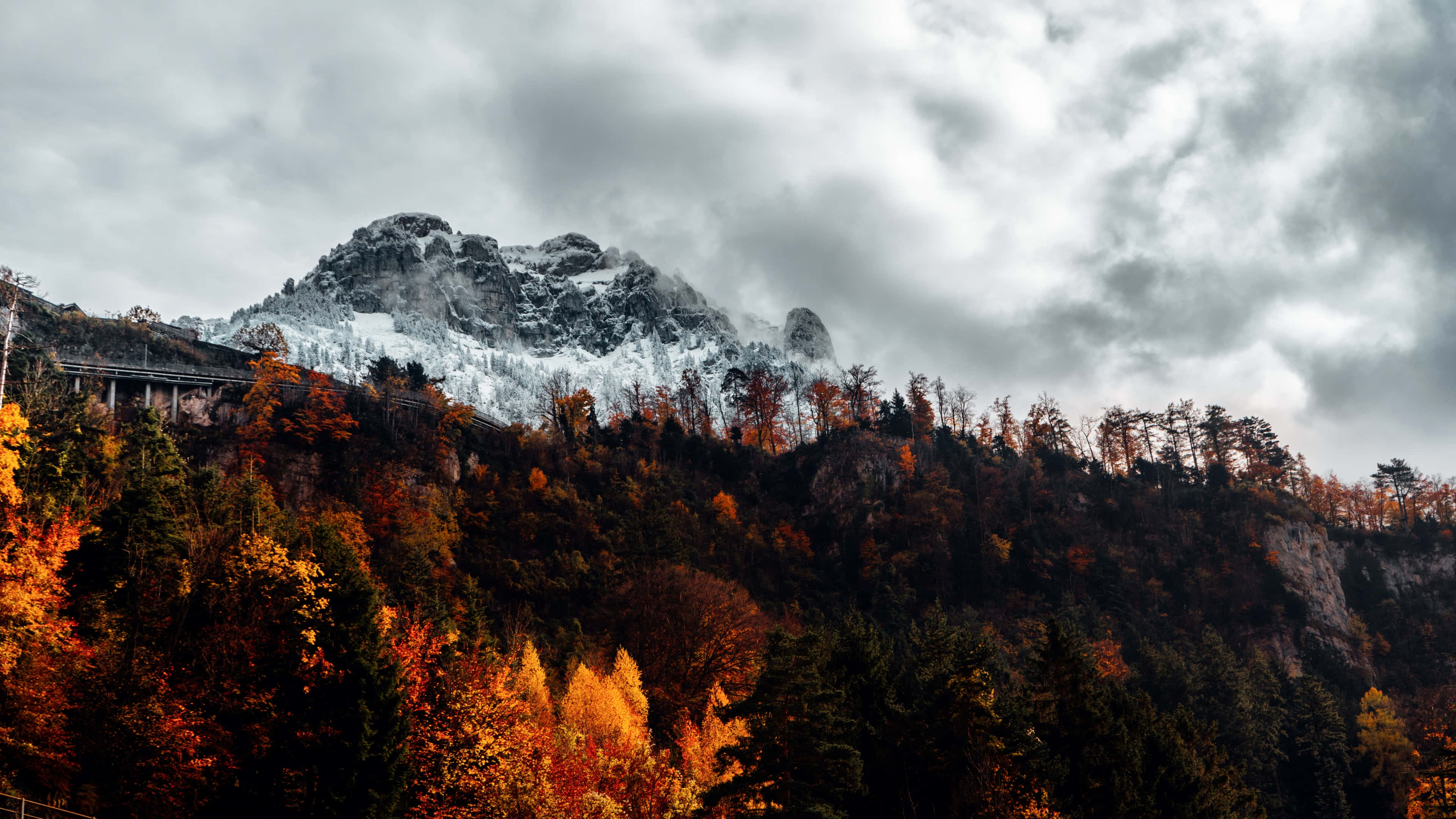 Fall Mountain, gray sky, snow, 4K Desktop Wallpaper