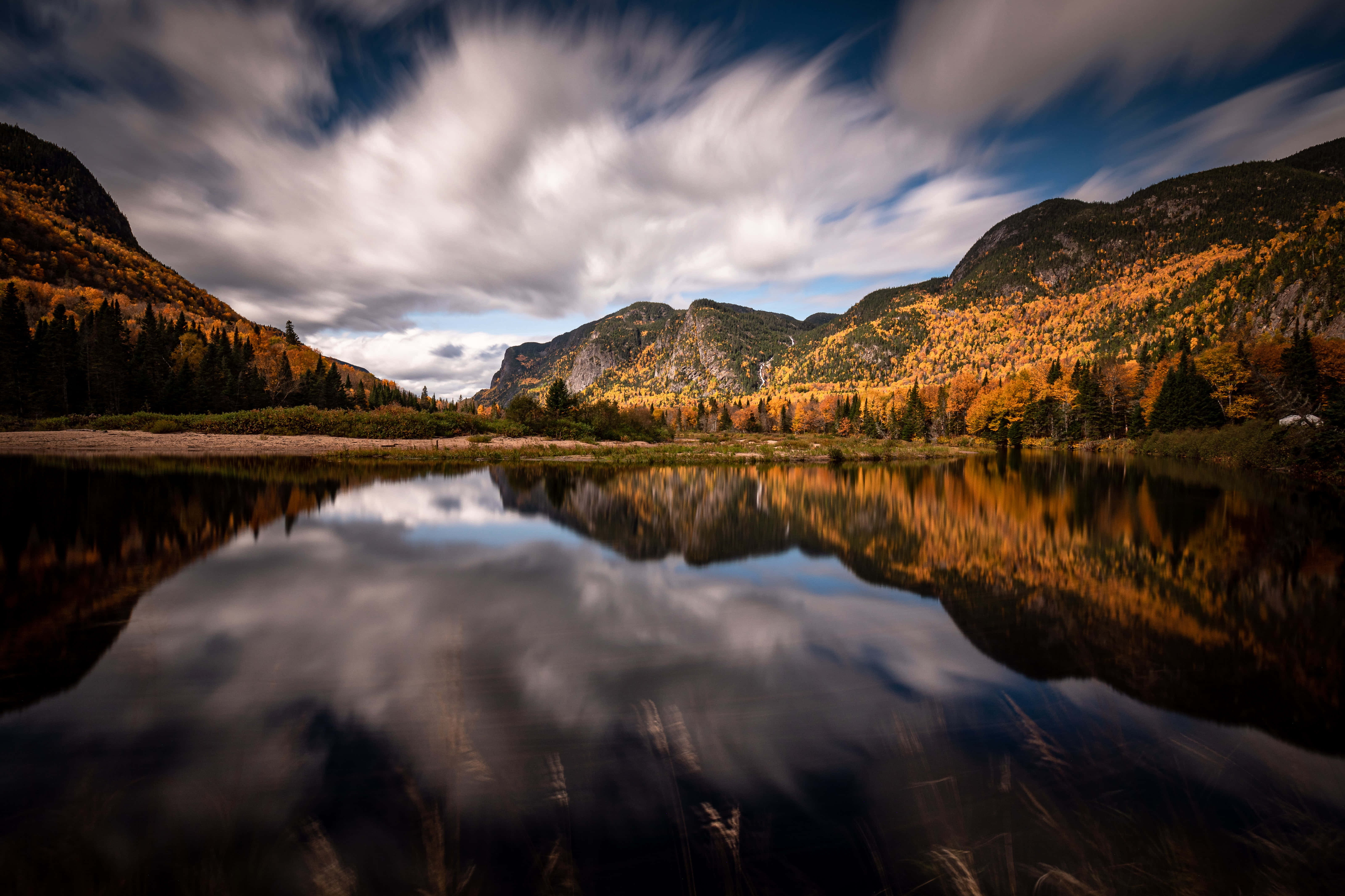 Fall Mountain, autumn lake, golden forested mountains, 5K Desktop Wallpaper