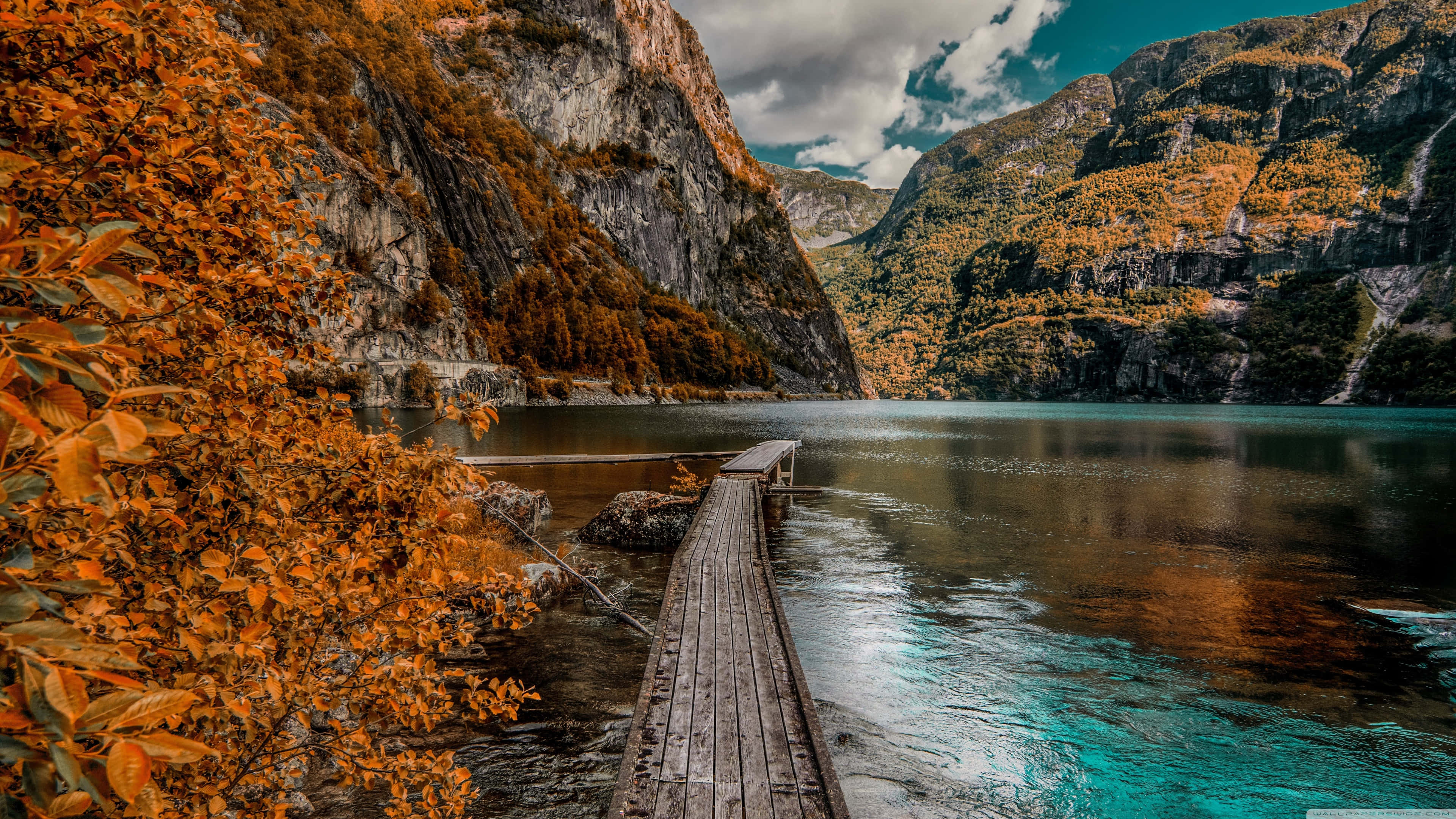 Fall Mountain, wooden pier, serene fjord, 4K Desktop Wallpaper