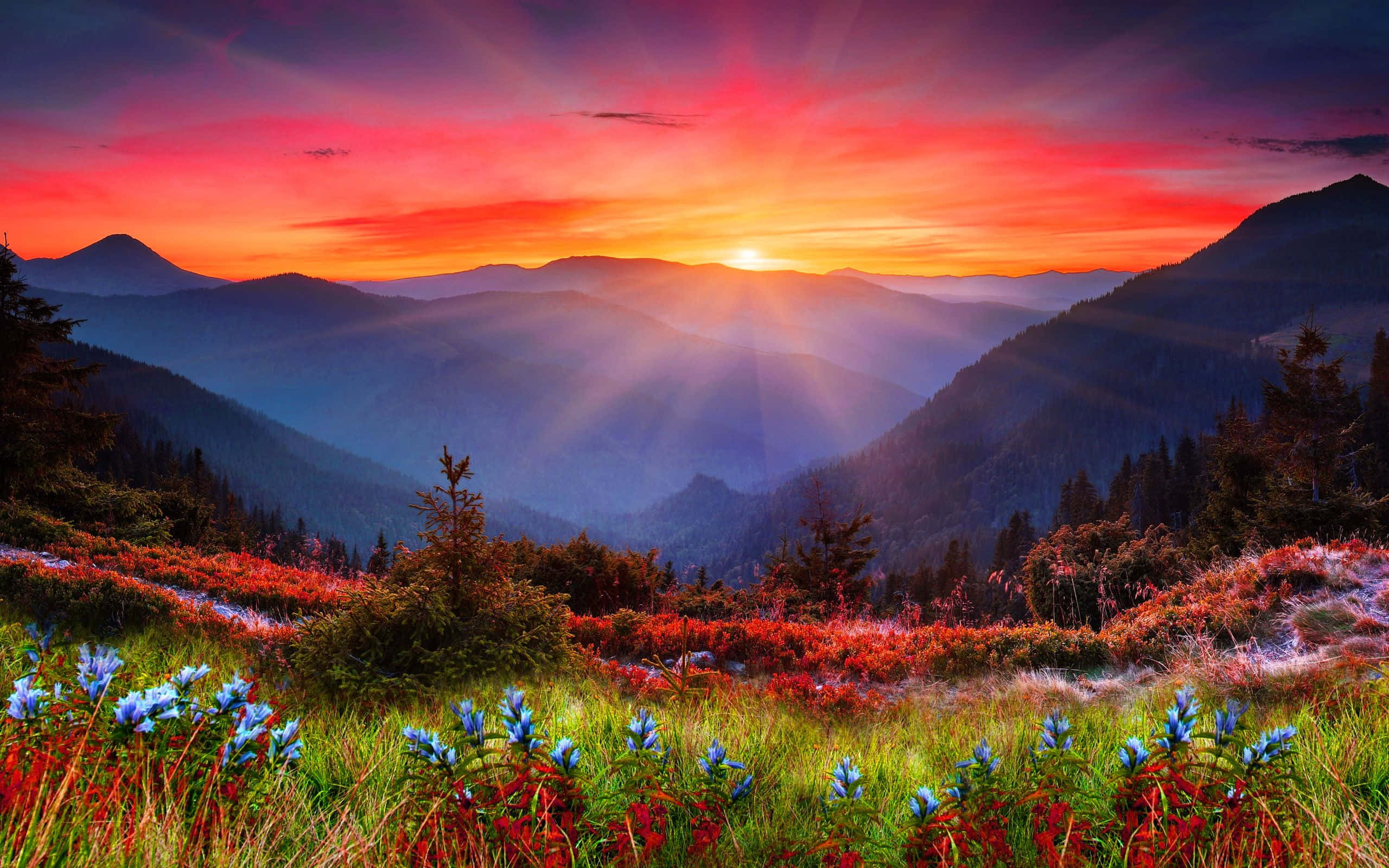 Fall Mountain, Sunset, mountain valleys, 2K Desktop Wallpaper