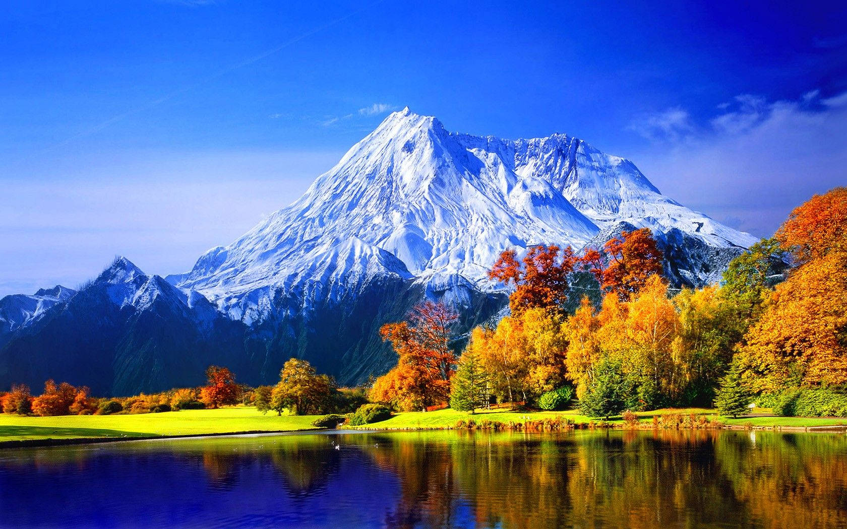mountain range, autumn forest, calm lake, HD Desktop Wallpaper