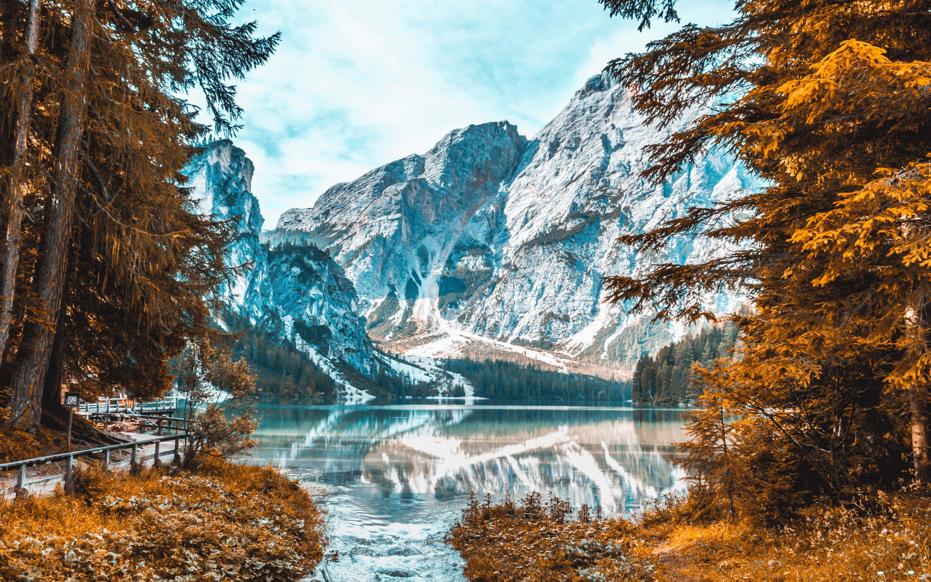 Fall Mountain, alpine lake, snow-dusted mountains, 2K Desktop Wallpaper