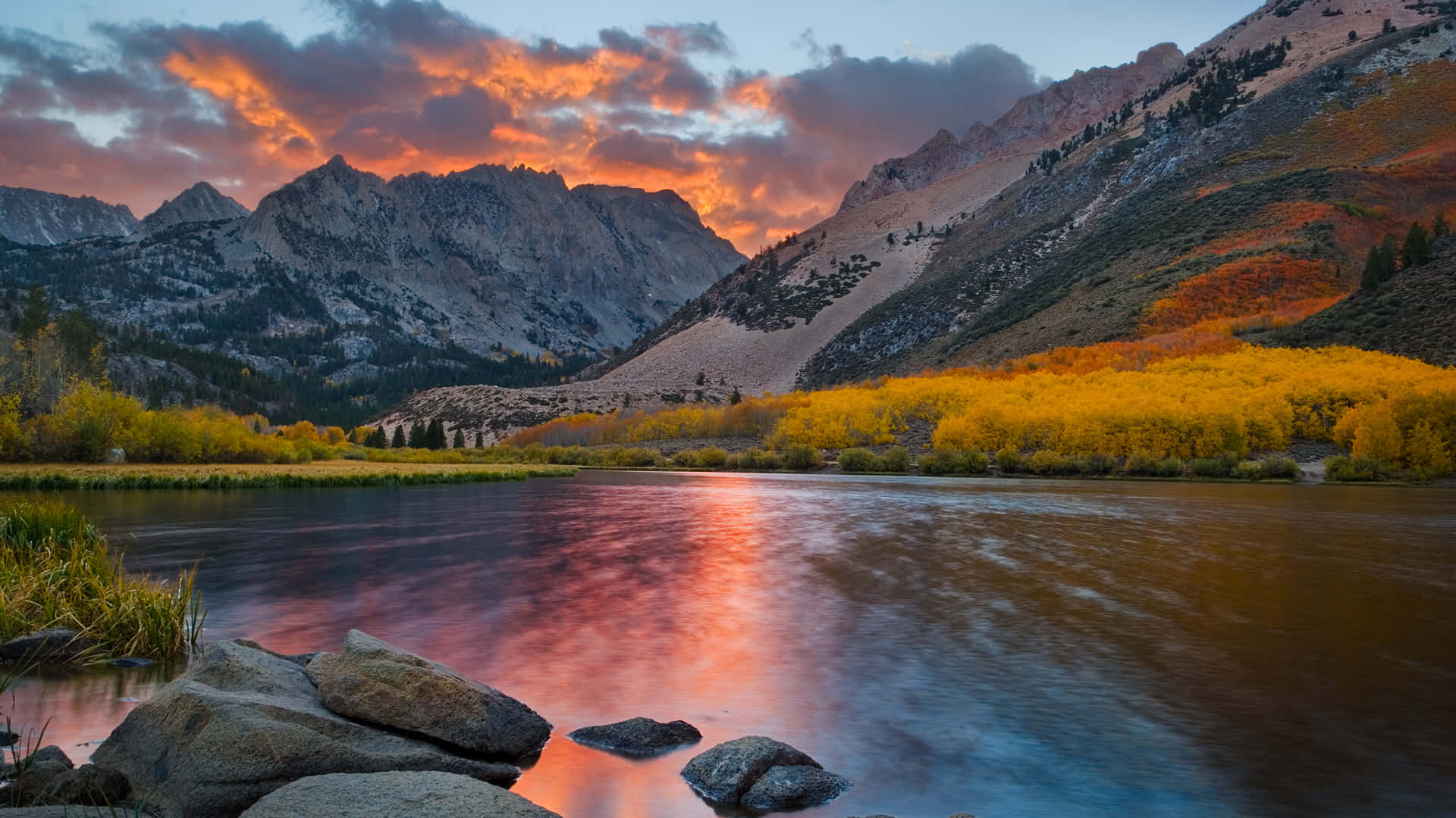 sunset, mountain lake, fiery orange clouds, Full HD Desktop Wallpaper