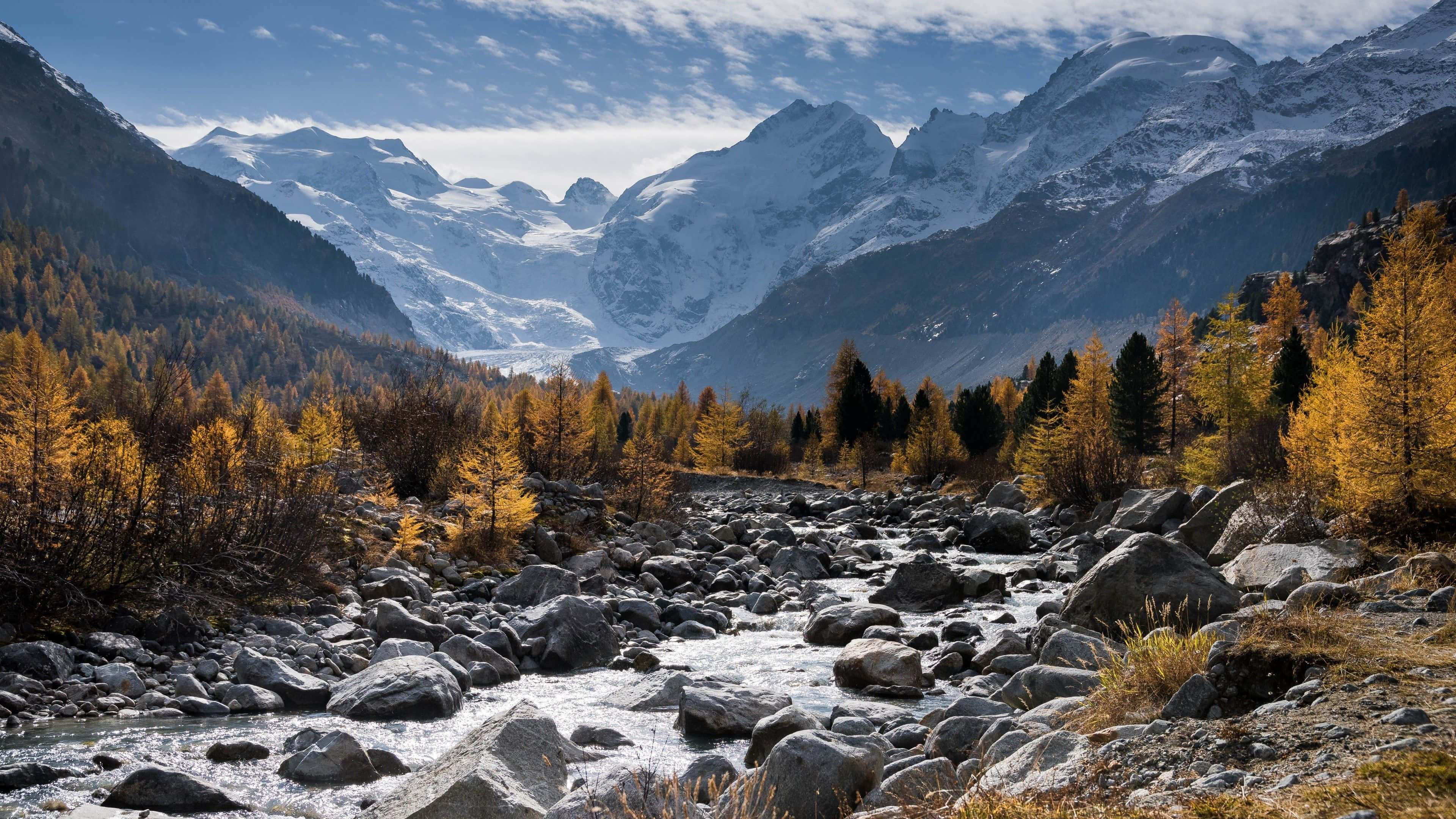 Fall Mountain, mountain stream, golden autumn trees, 4K Desktop Wallpaper