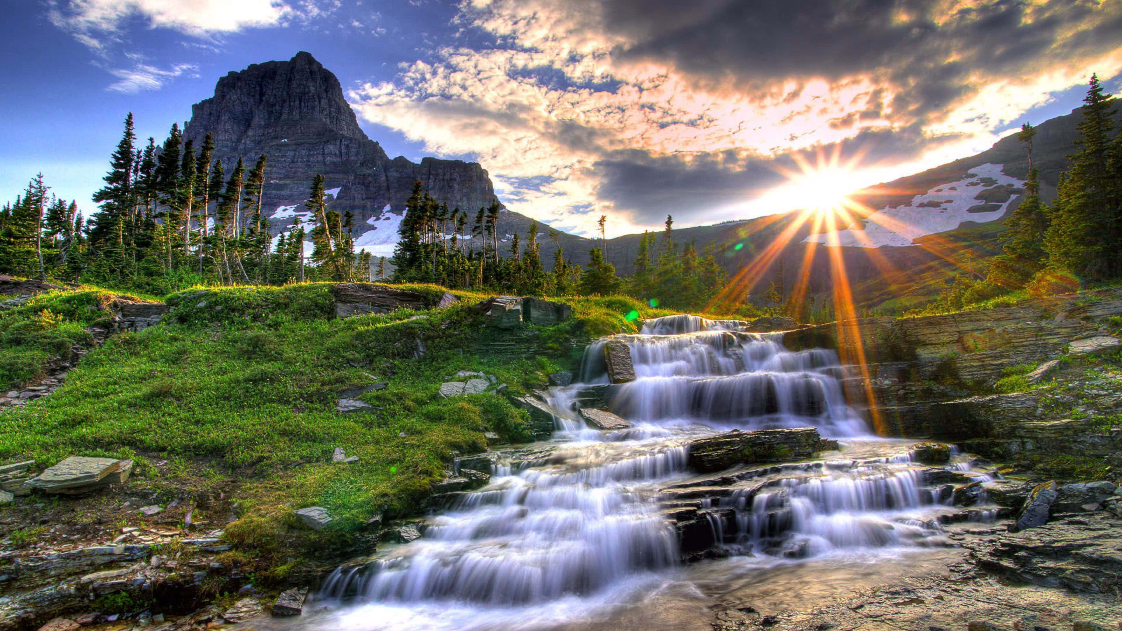 waterfall, mountains, mossy rocks, 4K Desktop Wallpaper