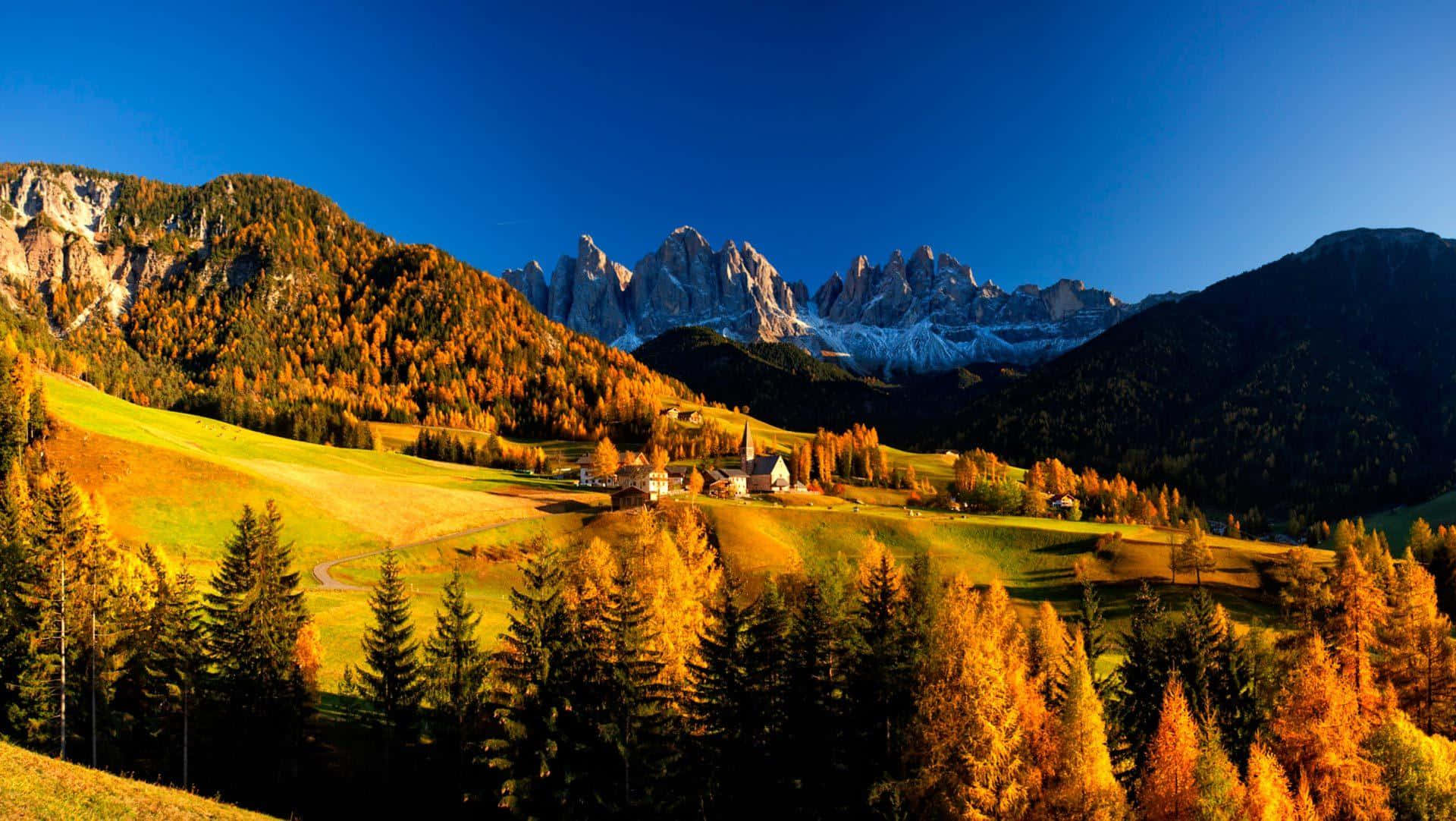 Fall Mountain, autumn valley, golden larch trees, Full HD Desktop Wallpaper