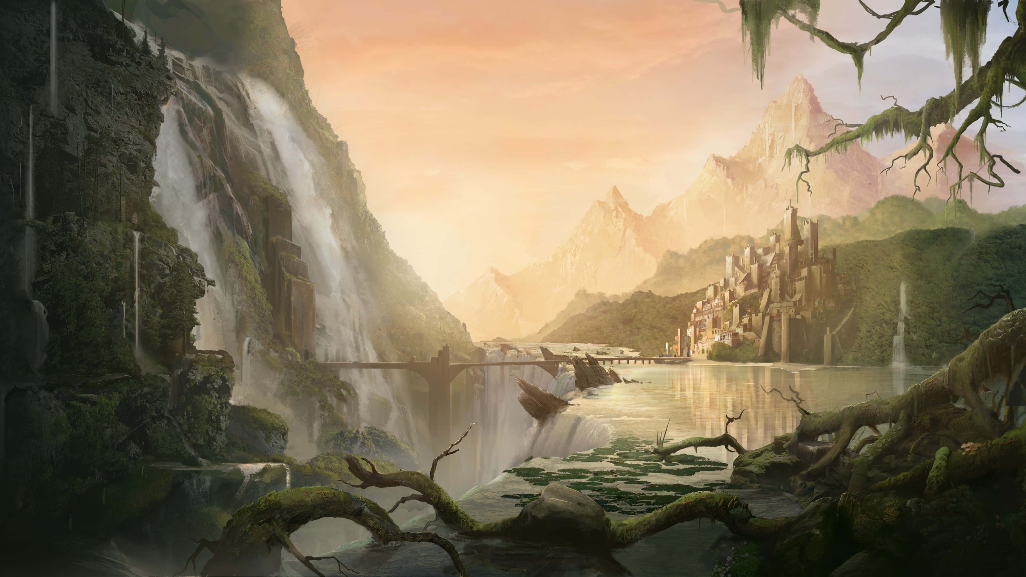 Mountain Falls 4K Painting, fantasy valley, cascading waterfalls, 4K Desktop Wallpaper