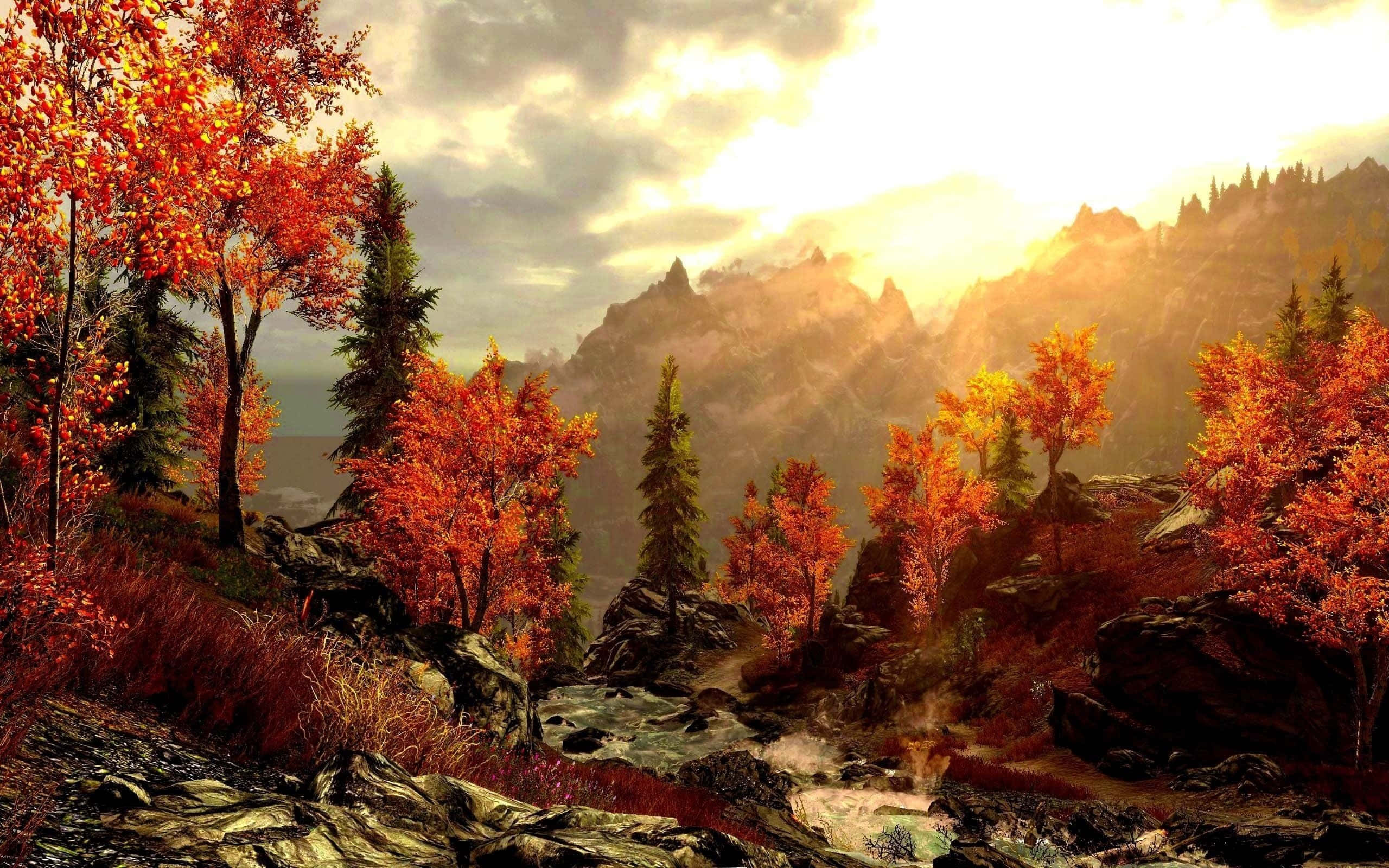 Fall Mountains, autumn valley, fiery red and orange trees, 2K Desktop Wallpaper