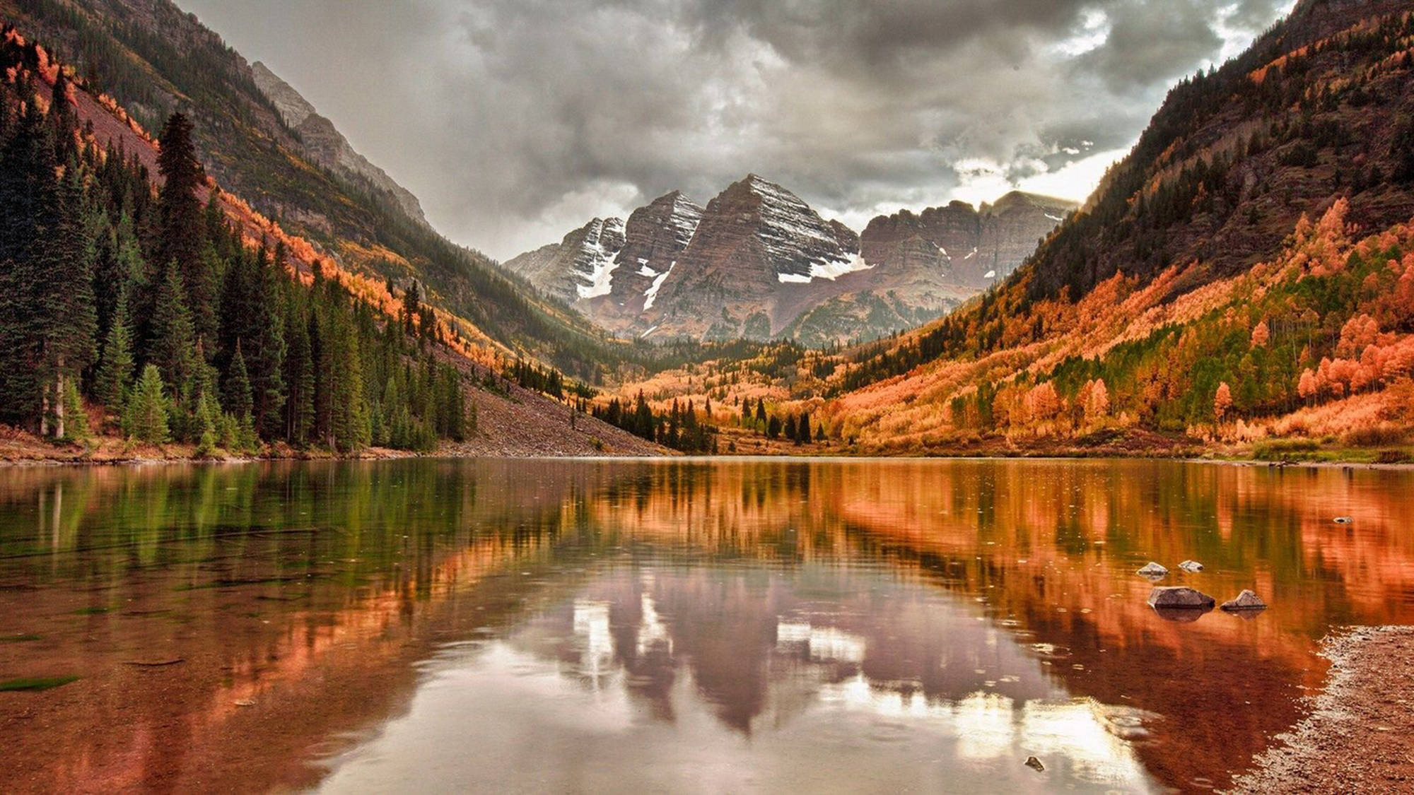 Aesthetic Fall Mountains, autumn lake, snow-capped mountains, Full HD Desktop Wallpaper