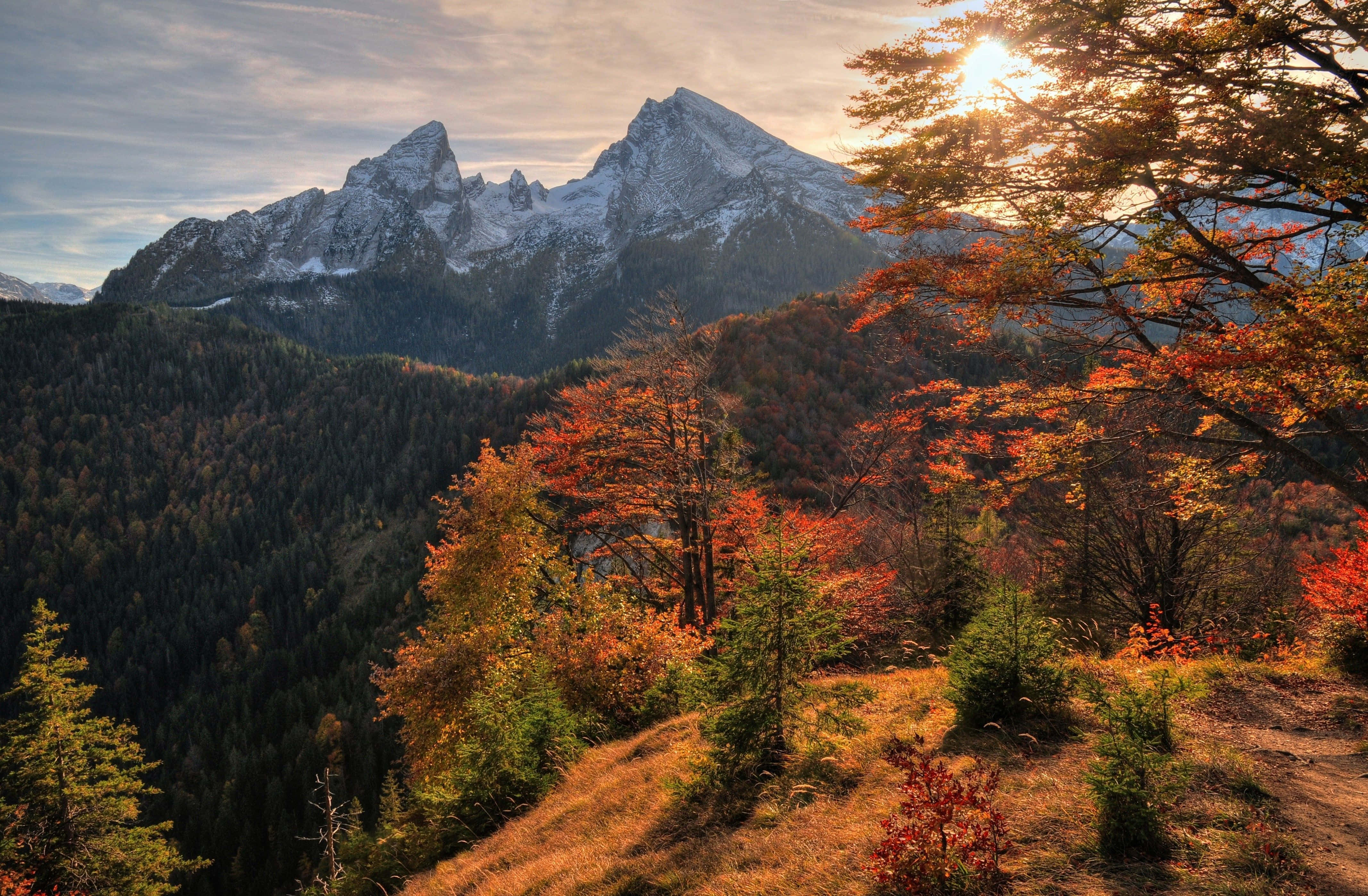Fall Mountains, sunset, snow-capped mountains, 4K Desktop Wallpaper