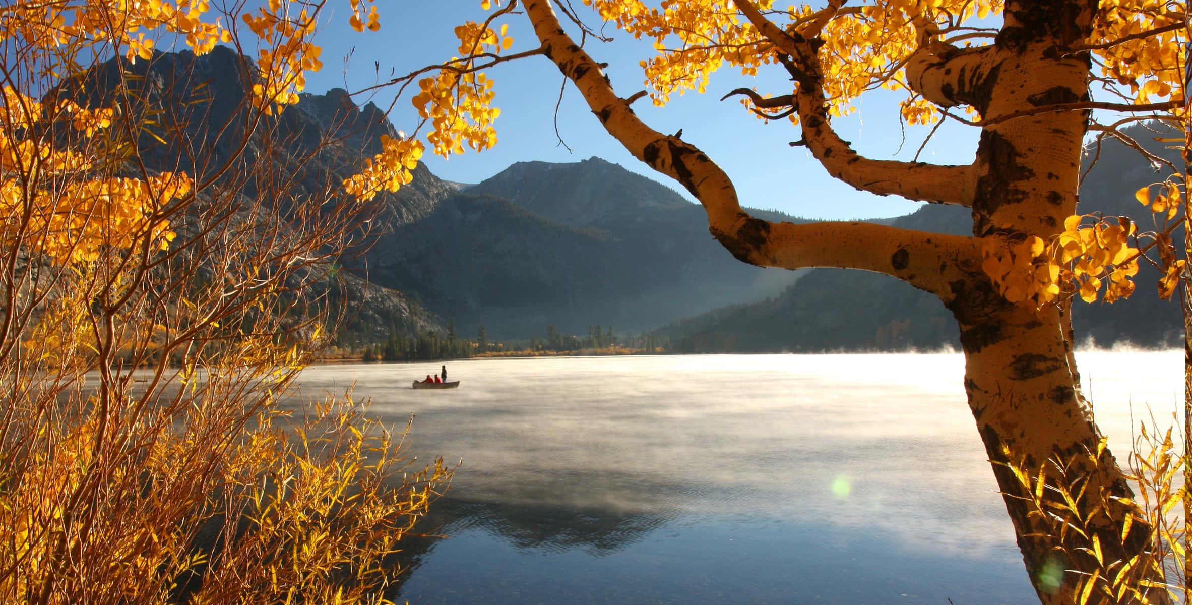 Fall Mountains, aspen branches, serene lake, Full HD Desktop Wallpaper