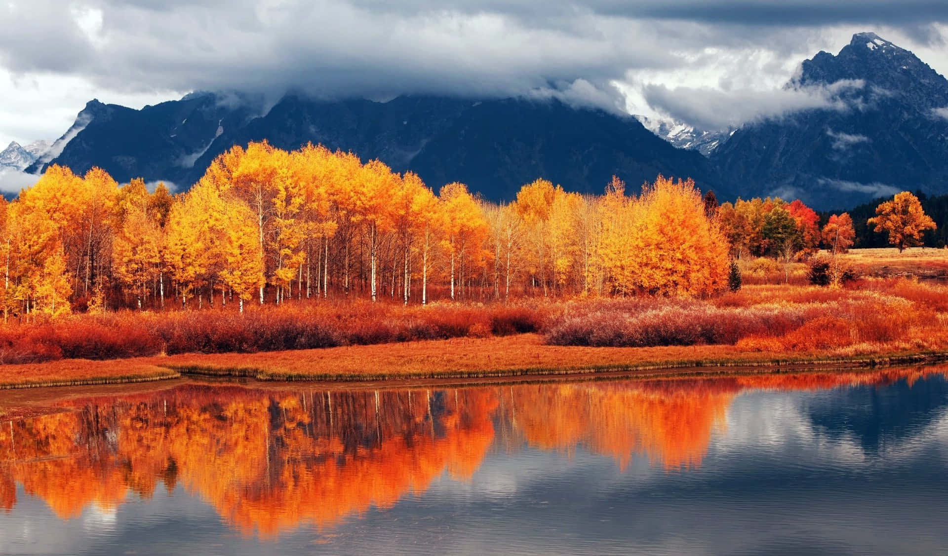Fall Mountains, orange aspen trees, calm water, Full HD Desktop Wallpaper