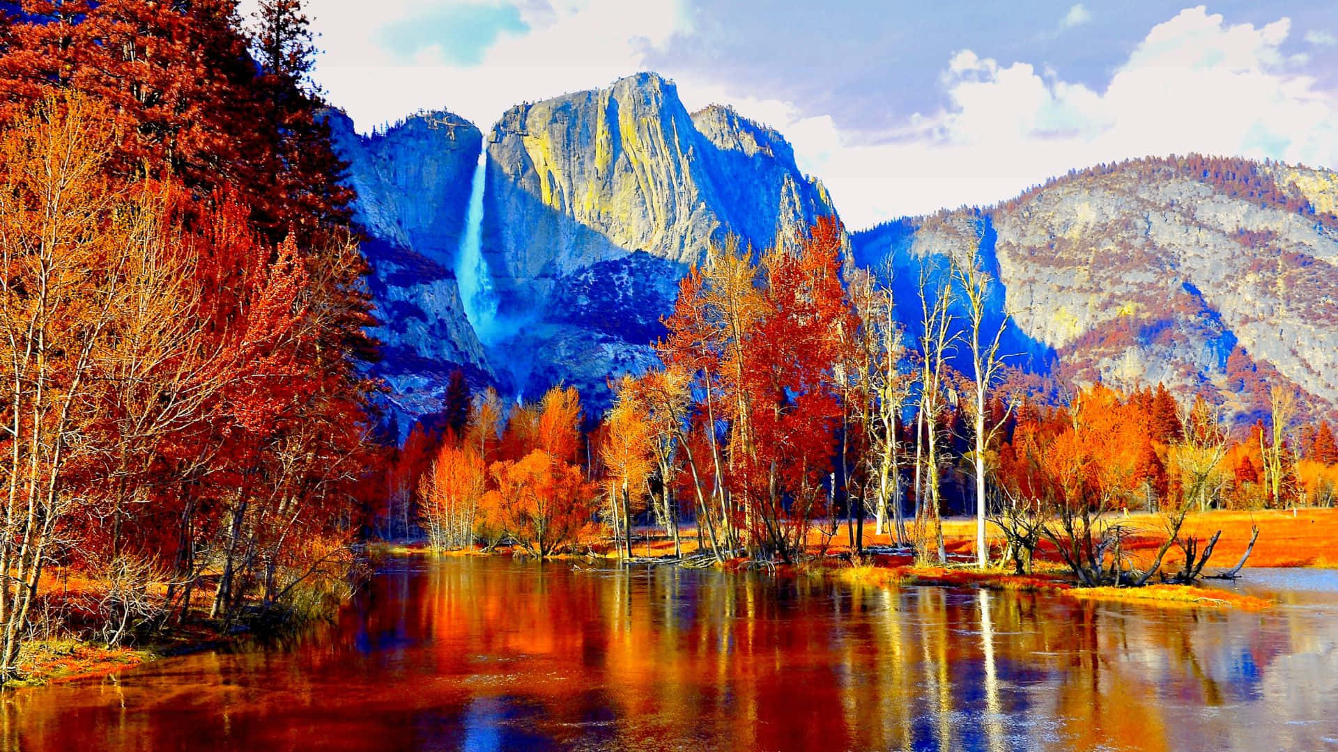 Fall Mountains, autumn trees, calm waters, Full HD Desktop Wallpaper