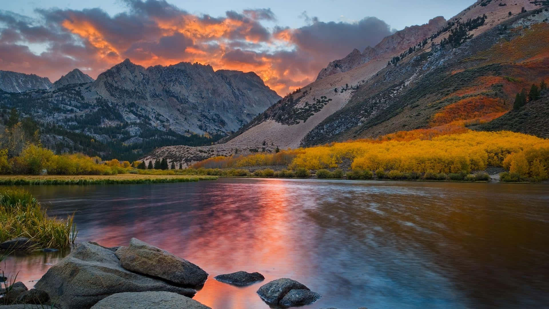Fall Mountains, sunset, mountain lake, Full HD Desktop Wallpaper