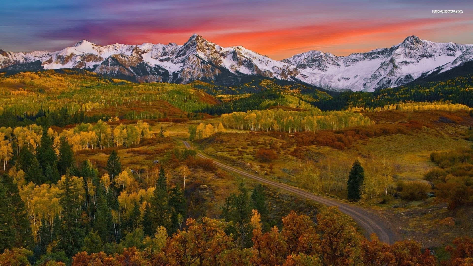 Fall Mountains, sunset, snow-capped mountains, Full HD Desktop Wallpaper