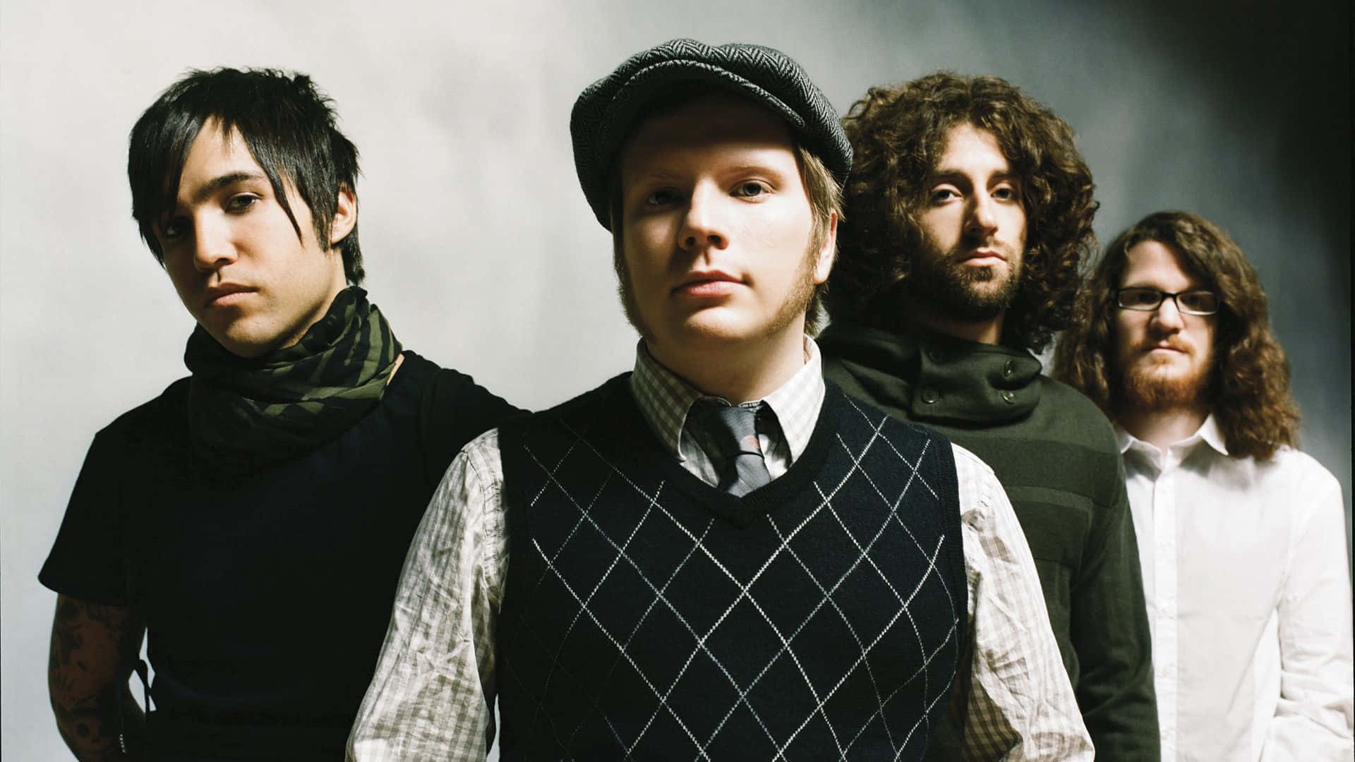 Fall Out Boy, muted gray studio backdrop, Full HD Desktop Wallpaper