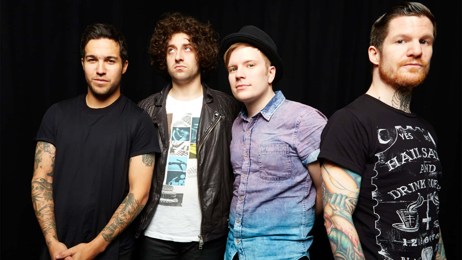 Fall Out Boy, black backdrop, tattooed men, Full HD Desktop Wallpaper