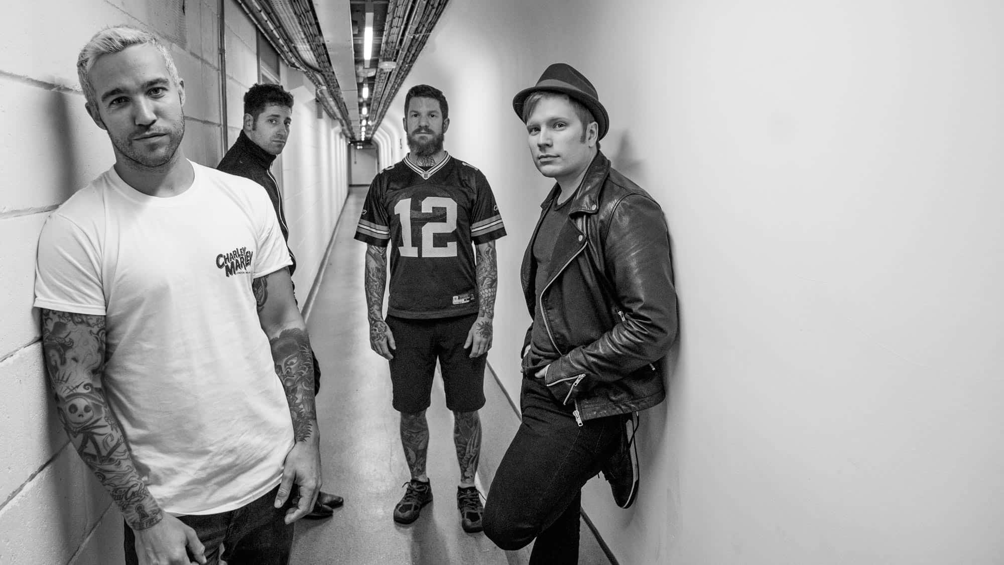 Fall out boy, black and white, industrial hallway, Full HD Desktop Wallpaper