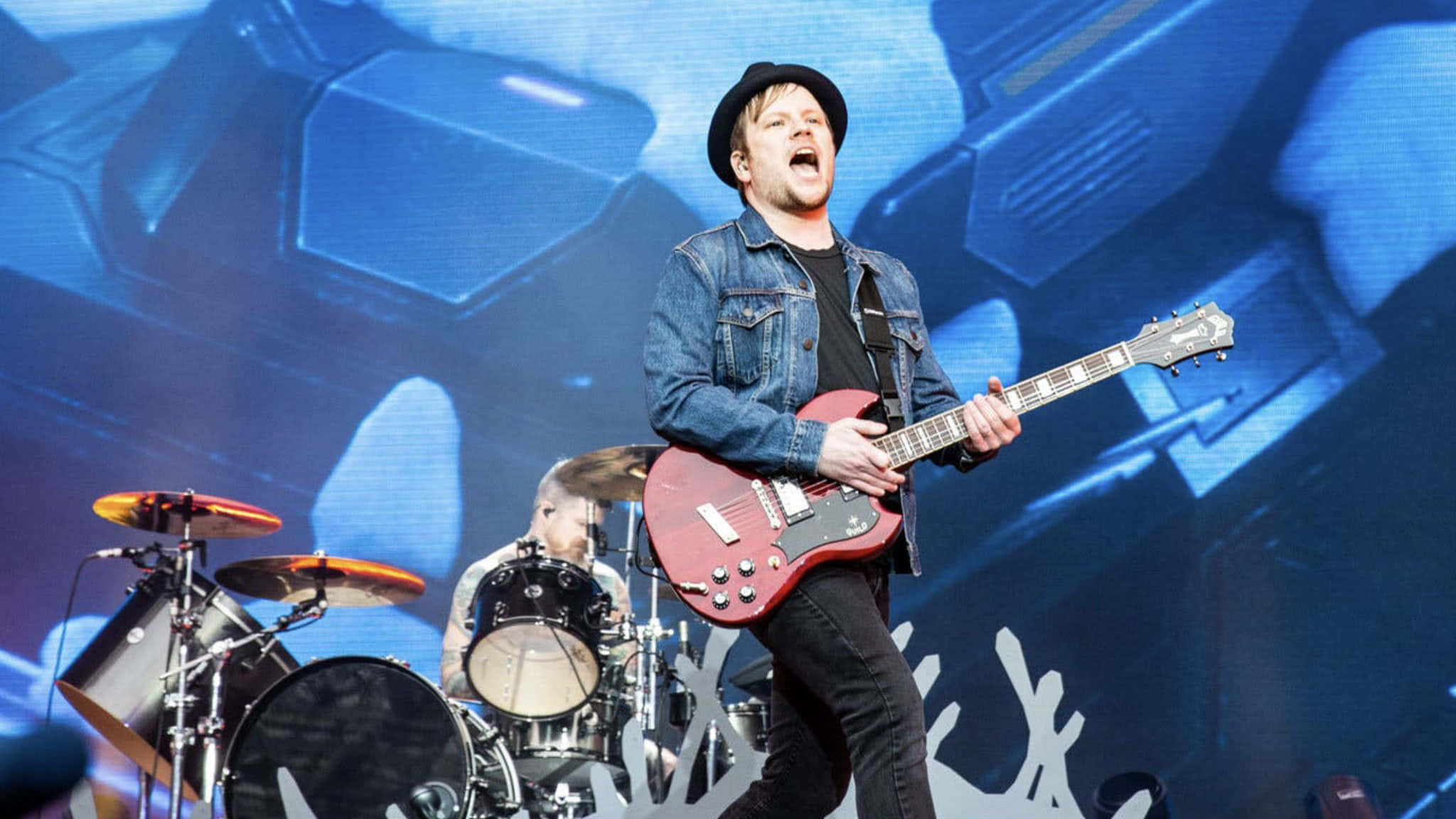 Fall out boy, red electric guitar, vibrant blue stage, Full HD Desktop Wallpaper