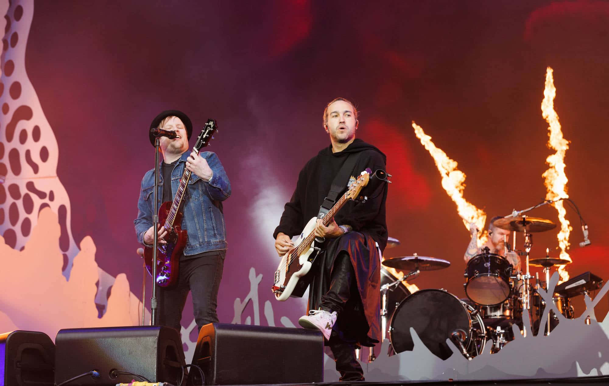 Fall Out Boy, guitars, fiery stage, Full HD Desktop Wallpaper
