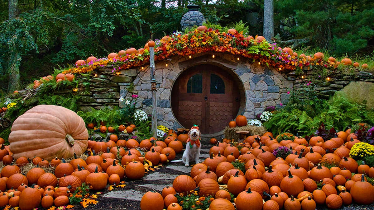 Fall Pumpkins, stone hobbit house, pumpkins, SD Desktop Wallpaper