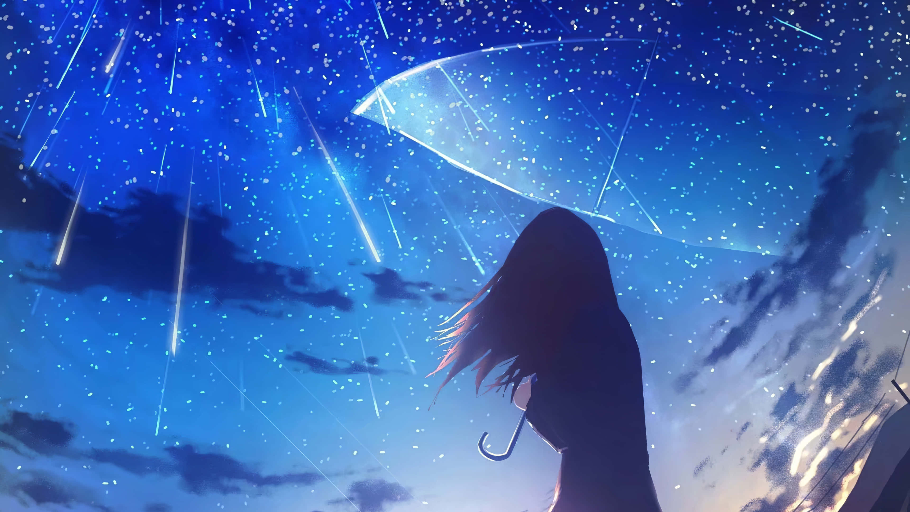 Falling Rain 4K, starry night sky, falling meteors, 4K Desktop Wallpaper
