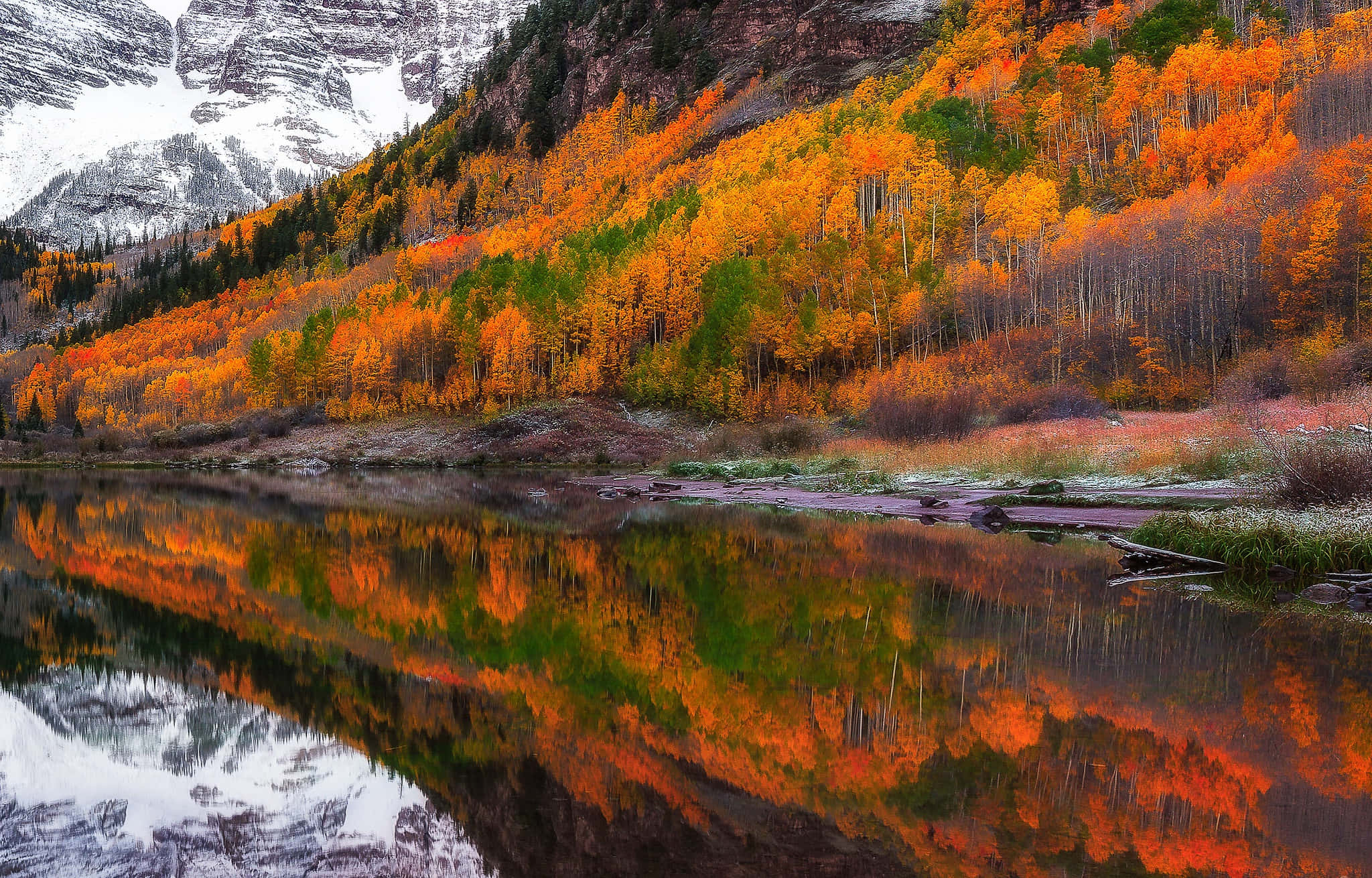 Fall River, autumn forest, fiery orange and green trees, Full HD Desktop Wallpaper