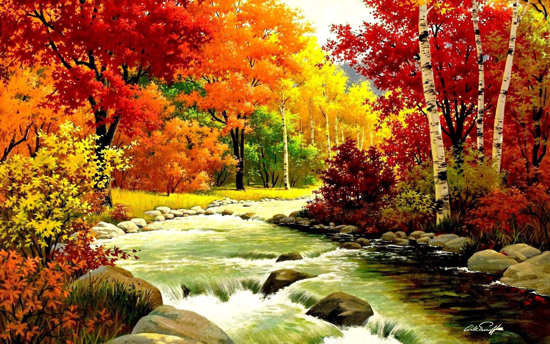 Fall River, autumn forest, rushing stream, Full HD Desktop Wallpaper